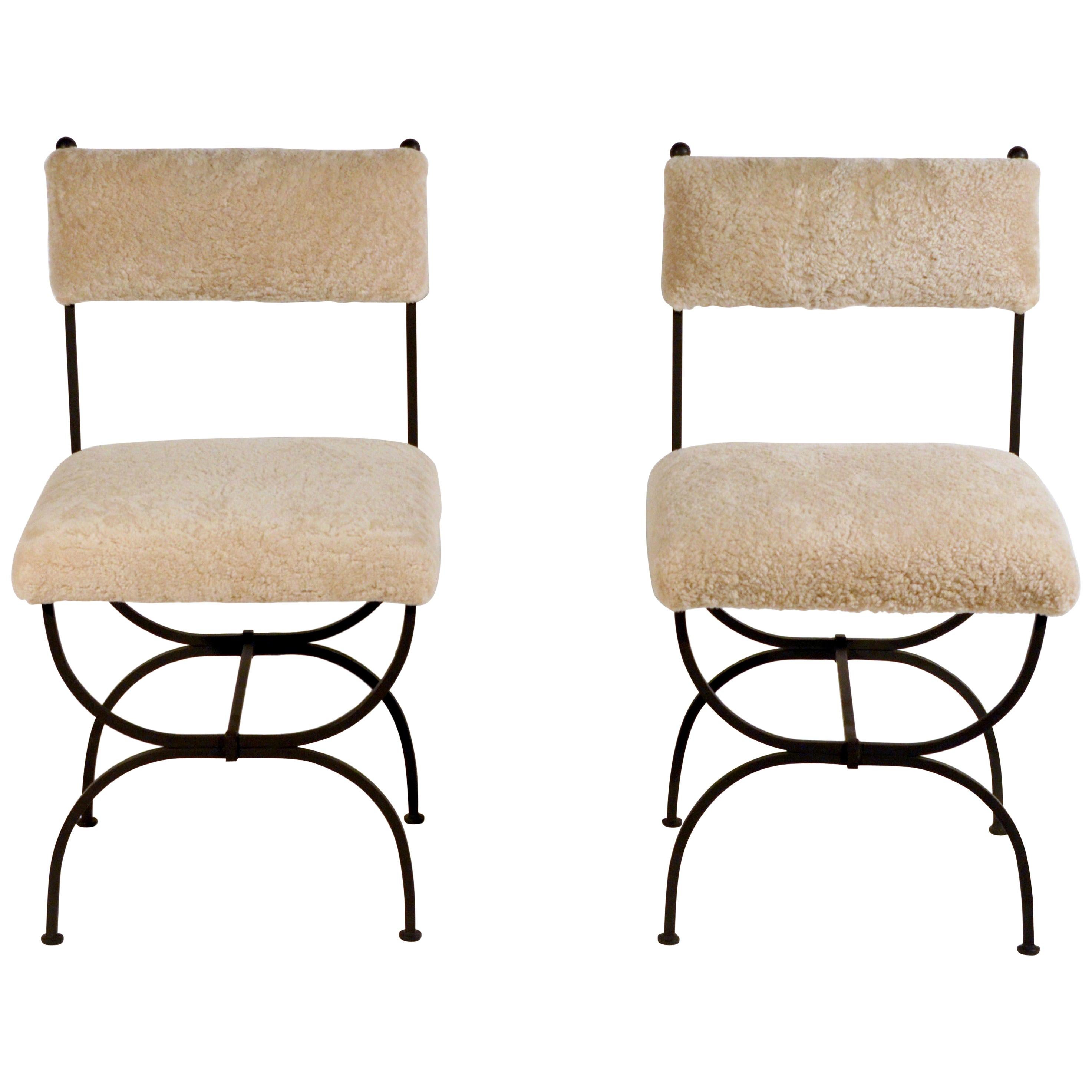 Pair of Chic 'Arcade' Wrought Iron and Shearling Chairs by Design Frères