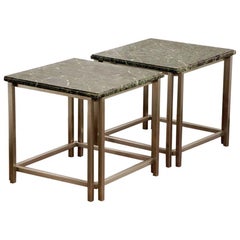Pair of Chic Breccia Marble and Brushed Aluminum 1970s Side Tables