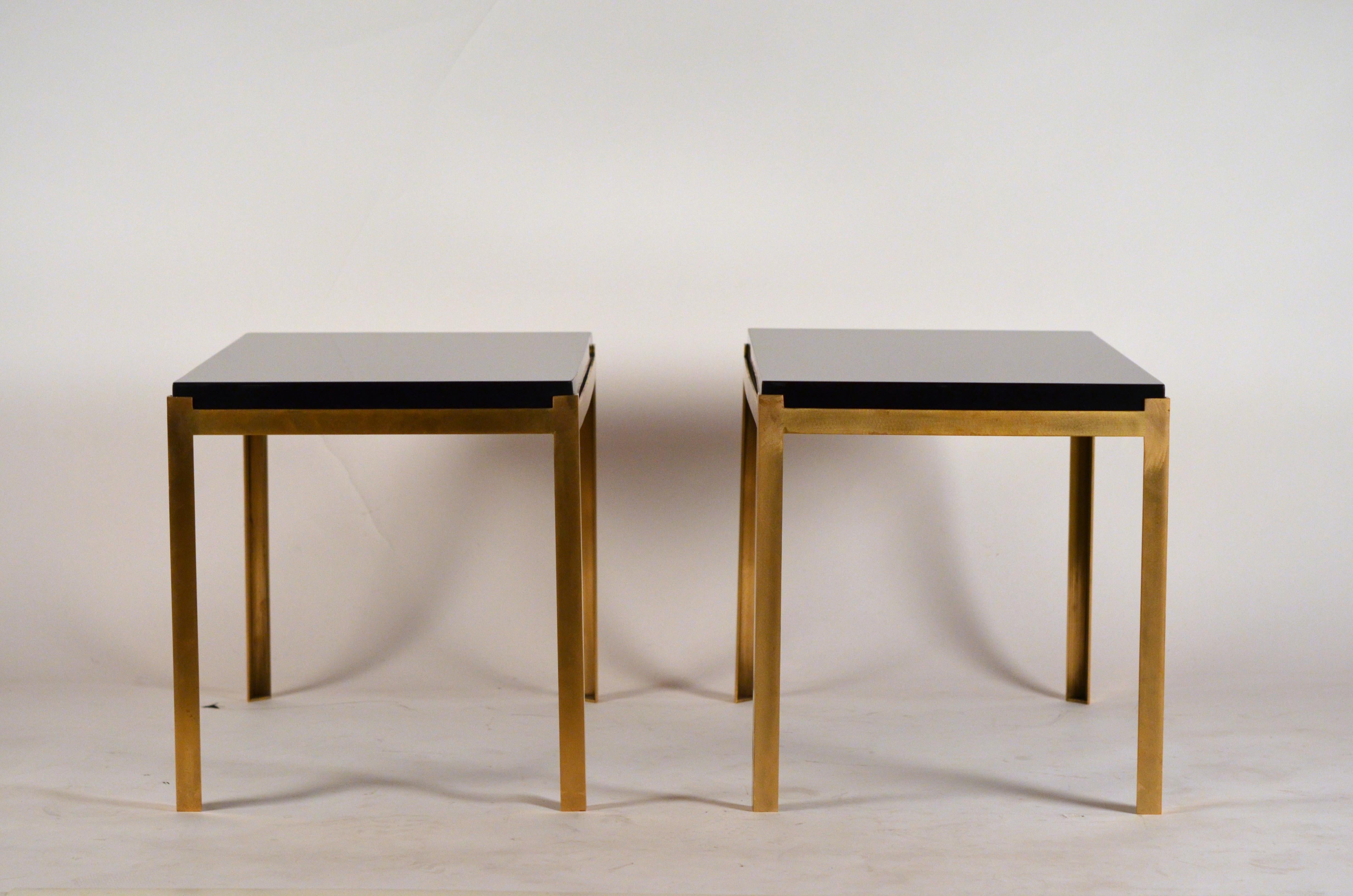 Contemporary Pair of Chic 'Caisson' Solid Brass and Black Lacquer End Tables by Design Frères For Sale