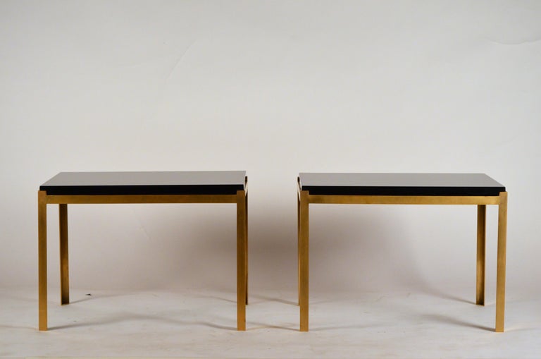 Hardwood Pair of Chic 'Caisson' Solid Brass and Black Lacquer End Tables by Design Frères For Sale