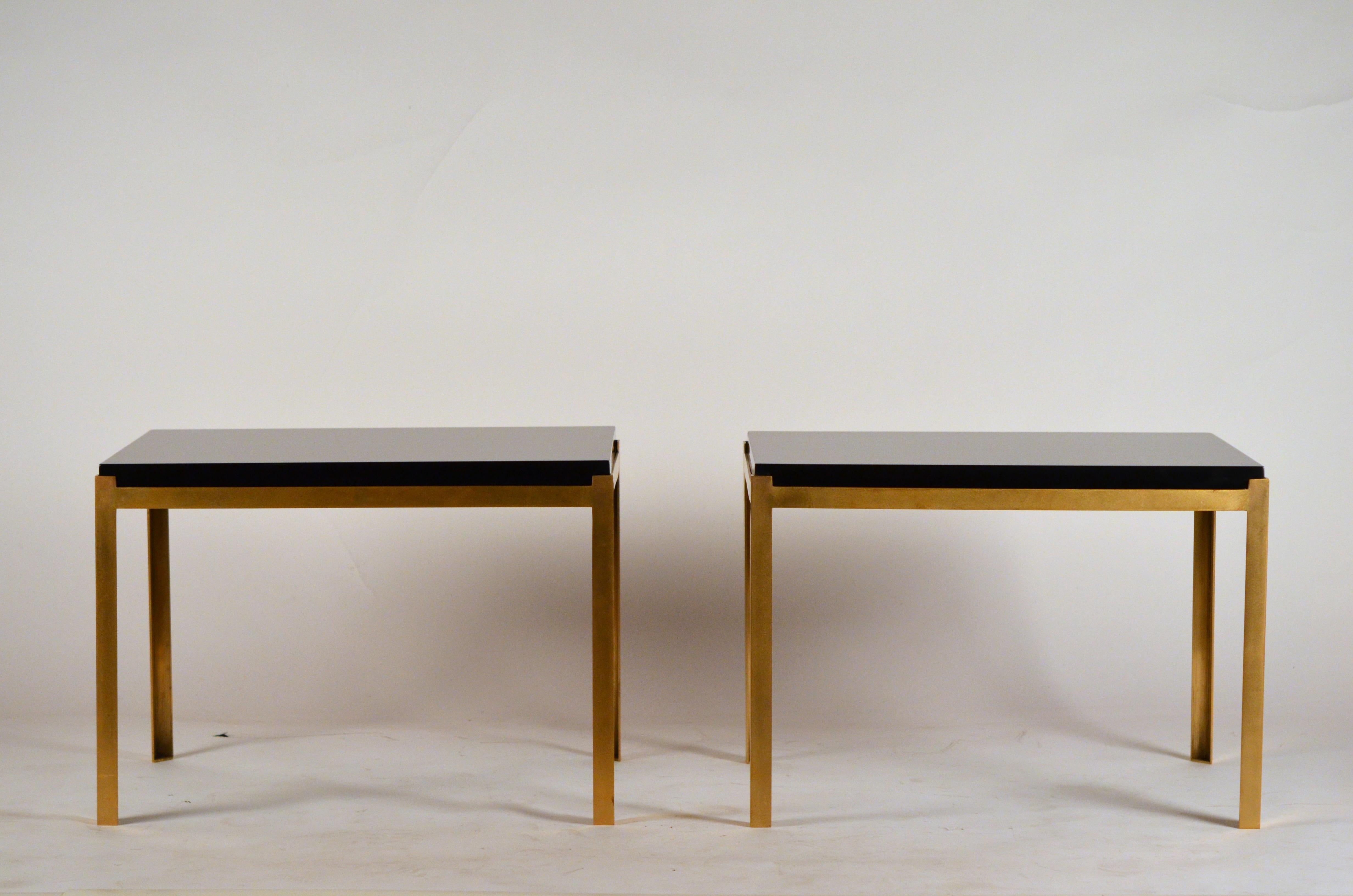 Pair of Chic 'Caisson' Solid Brass and Black Lacquer End Tables by Design Frères For Sale 1