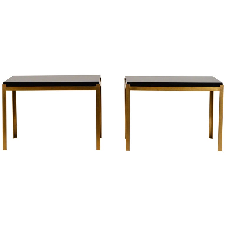 Pair of Chic 'Caisson' Solid Brass and Black Lacquer End Tables by Design Frères For Sale