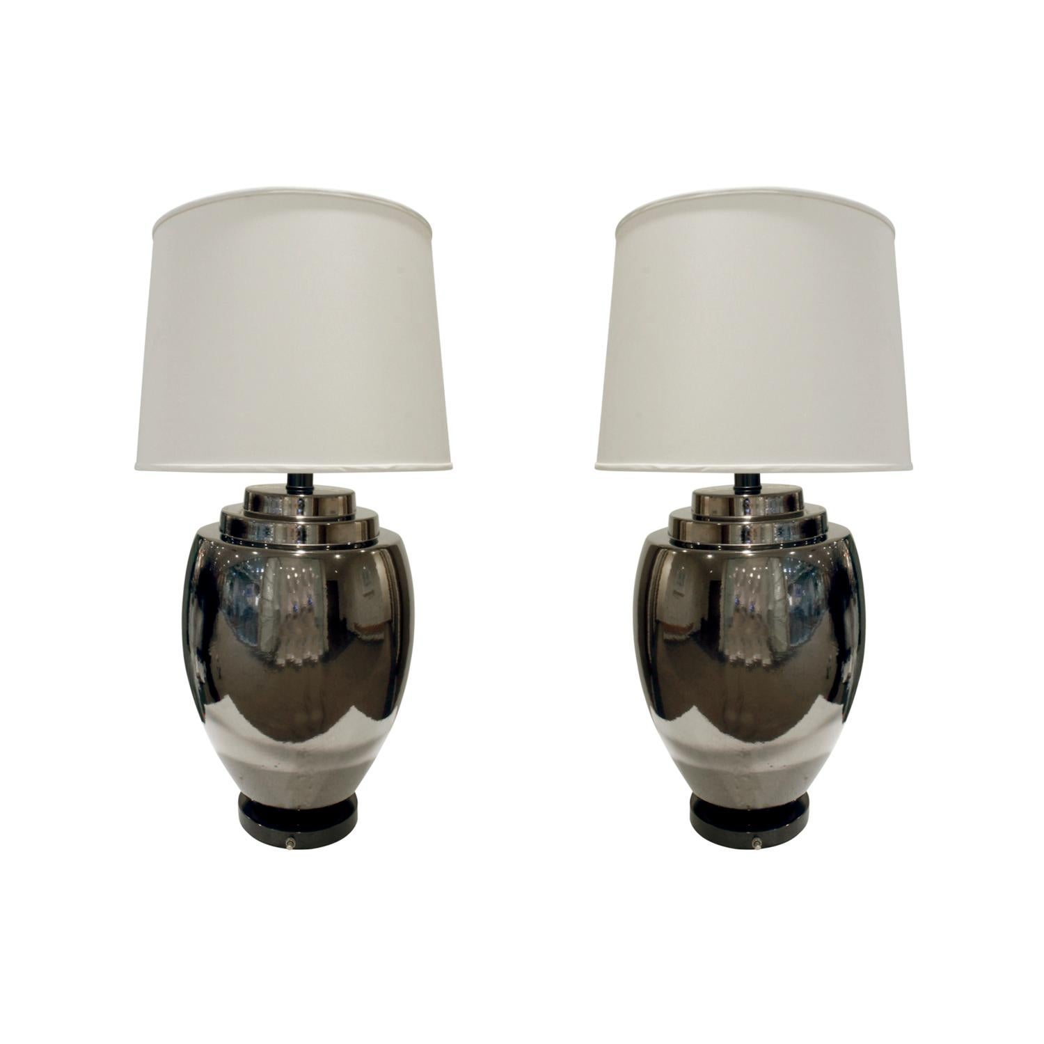 Pair of Chic Ceramic Table Lamps with Gunmetal Glaze, 1970s