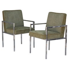 Retro Pair of Chic Chromed Steel Upholstered Armchairs