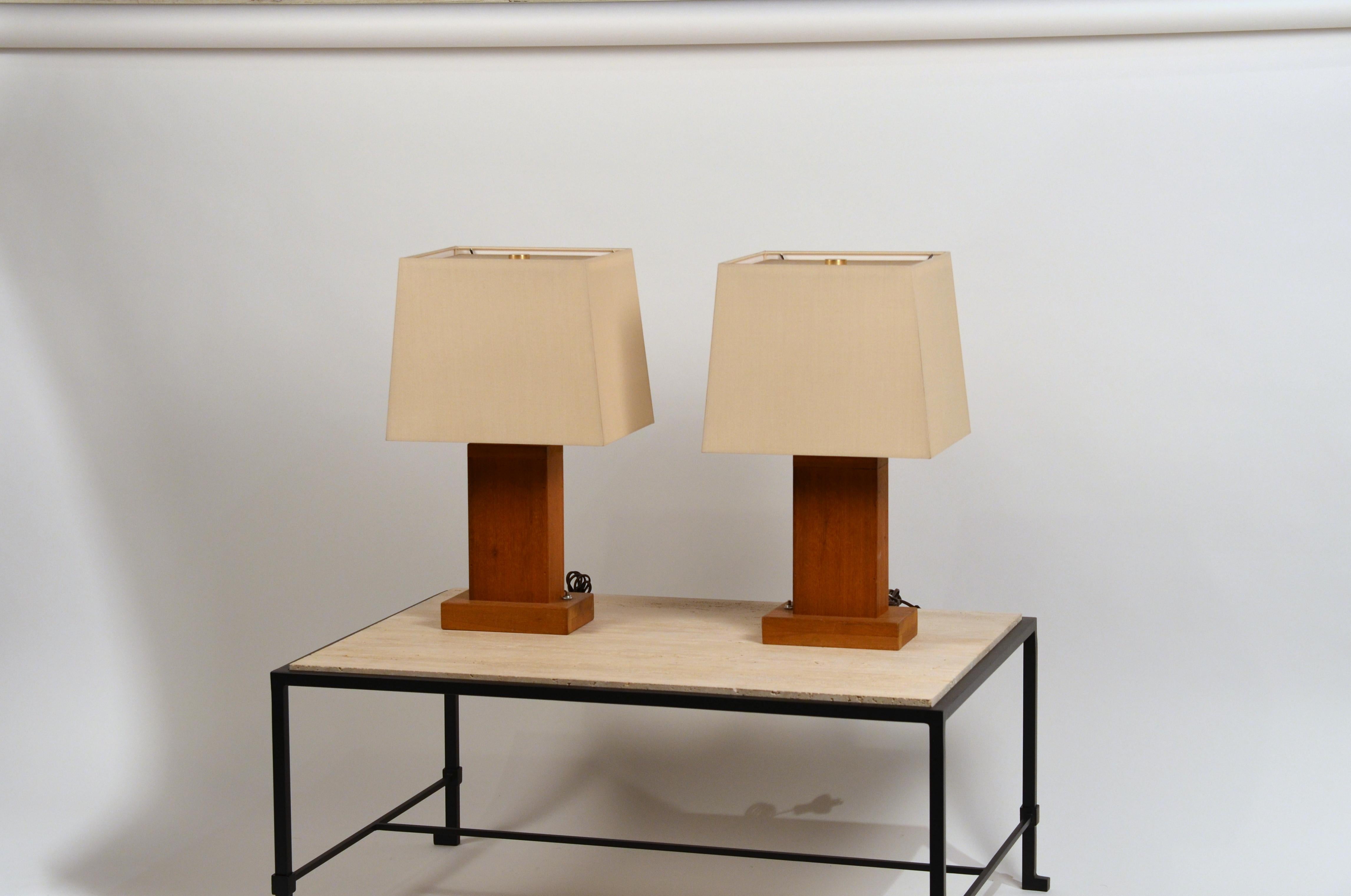 Modern Pair of Chic Cubist Bedside / Table Lamps with Custom Silk Shades