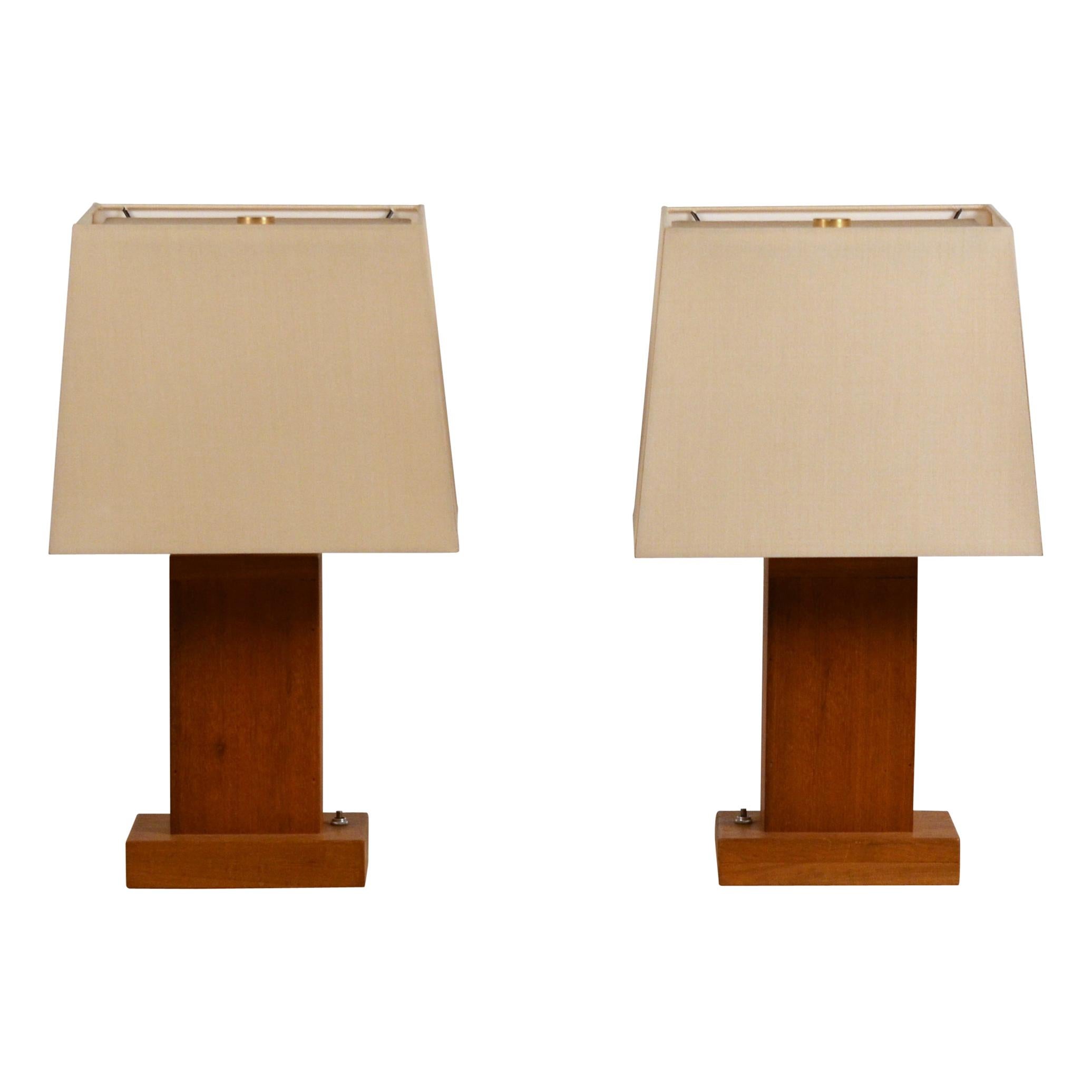 Pair of Chic Cubist Bedside / Table Lamps with Custom Silk Shades