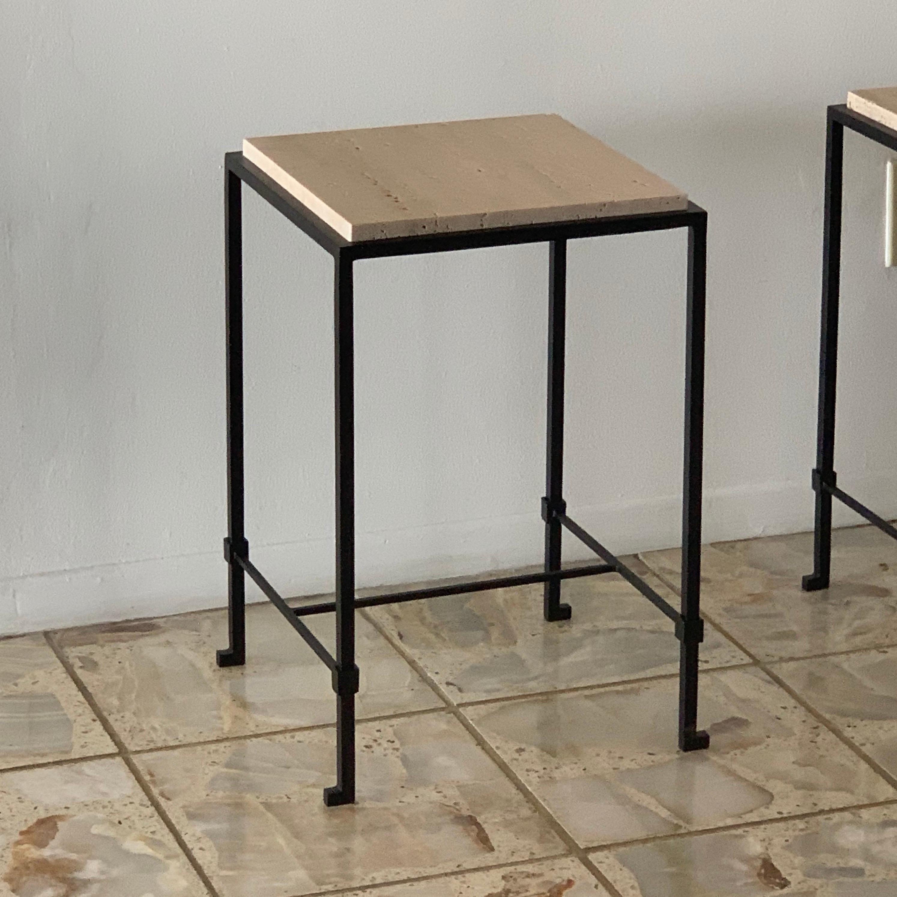 Art Deco Pair of Chic 'Diagramme' Travertine Drinks Tables by Design Frères For Sale