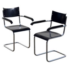 Pair of Chic Ebonized Modernist B43 Armchairs by Mart Stam for Thonet