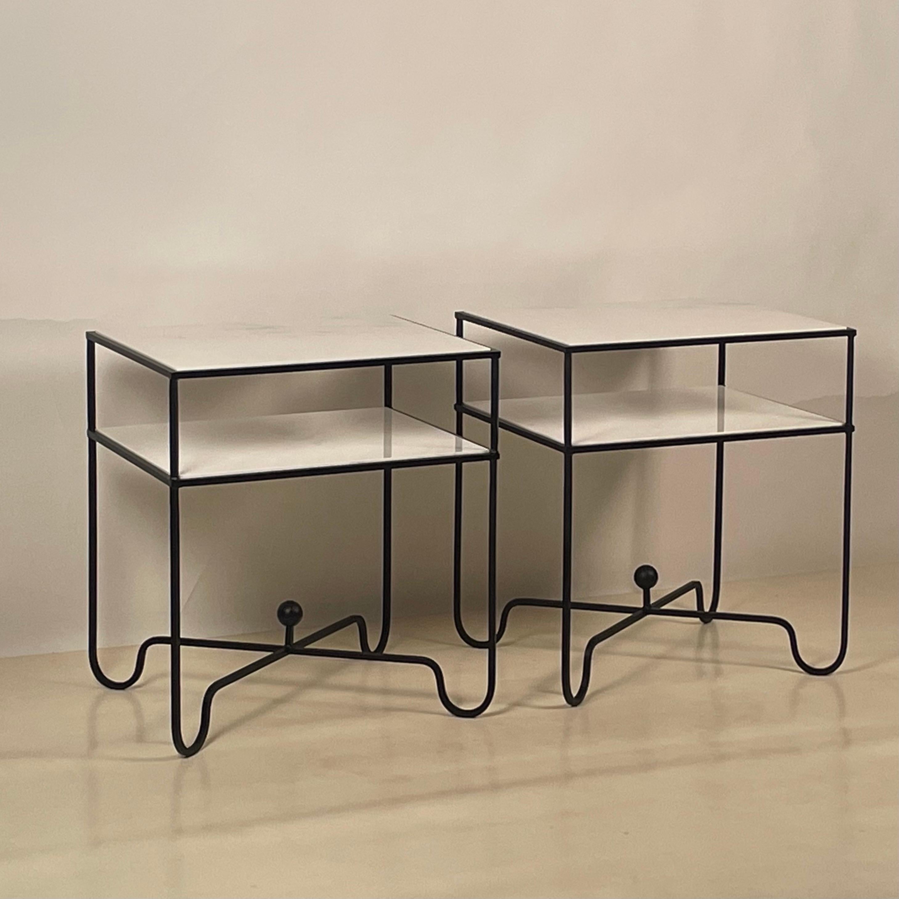 Modern Pair of Chic 'Entretoise' Wrought Iron and Marble Nightstands by Design Frères For Sale