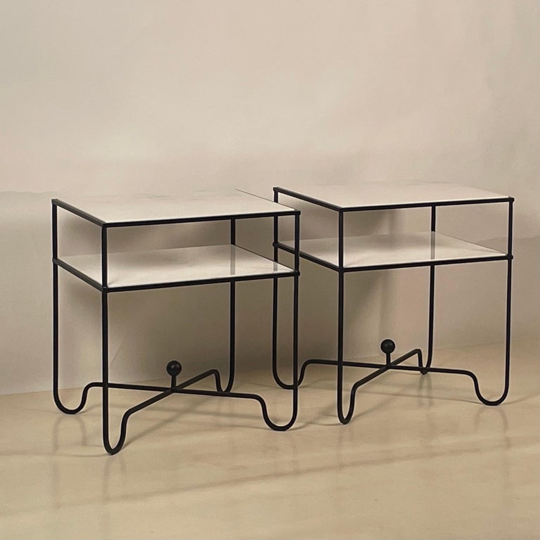 Pair of Chic 'Entretoise' Wrought Iron and Marble Nightstands by Design