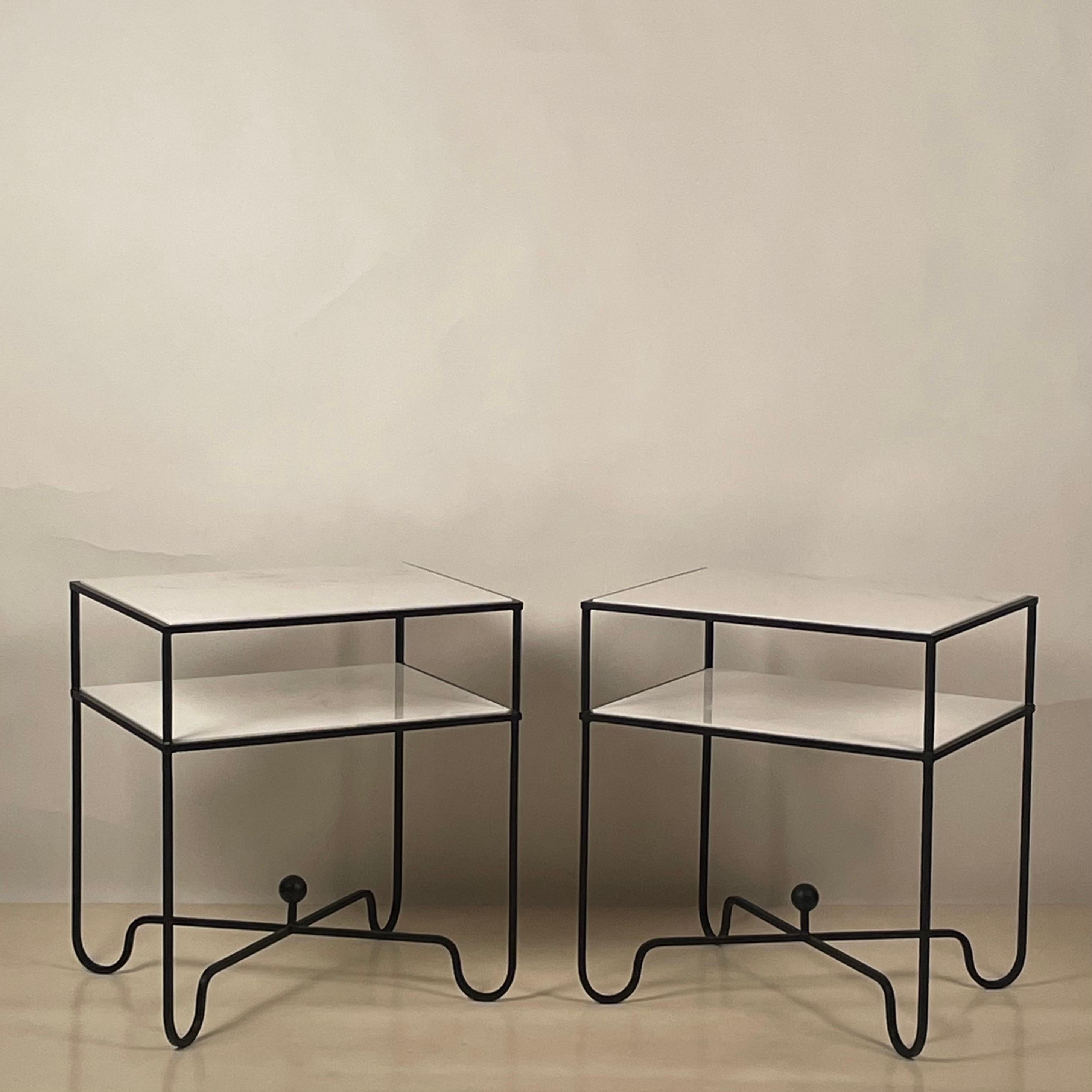 French Pair of Chic 'Entretoise' Wrought Iron and Marble Nightstands by Design Frères For Sale