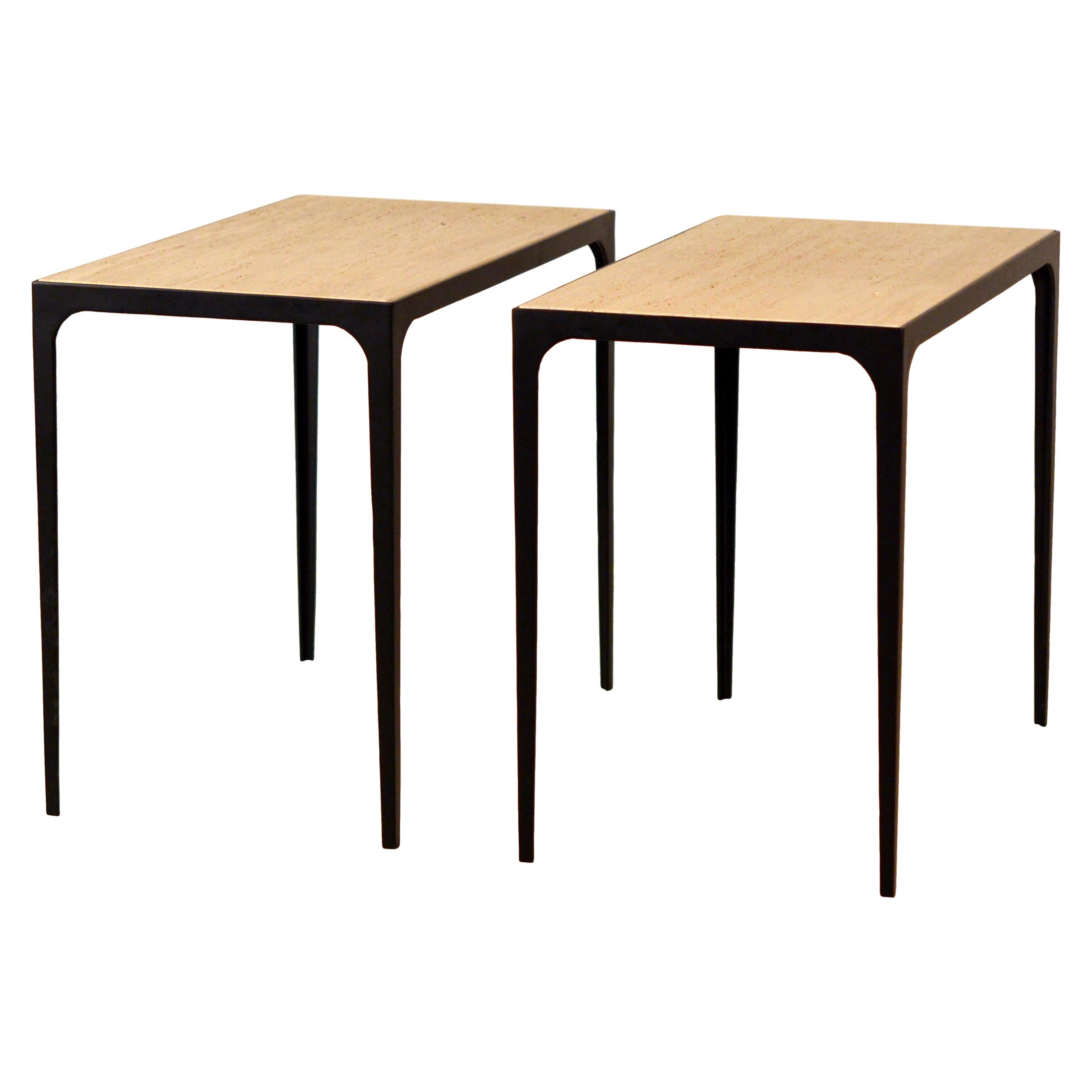 Pair of Chic 'Esquisse' Grooved Ivory Travertine Side Tables by Design Frères For Sale