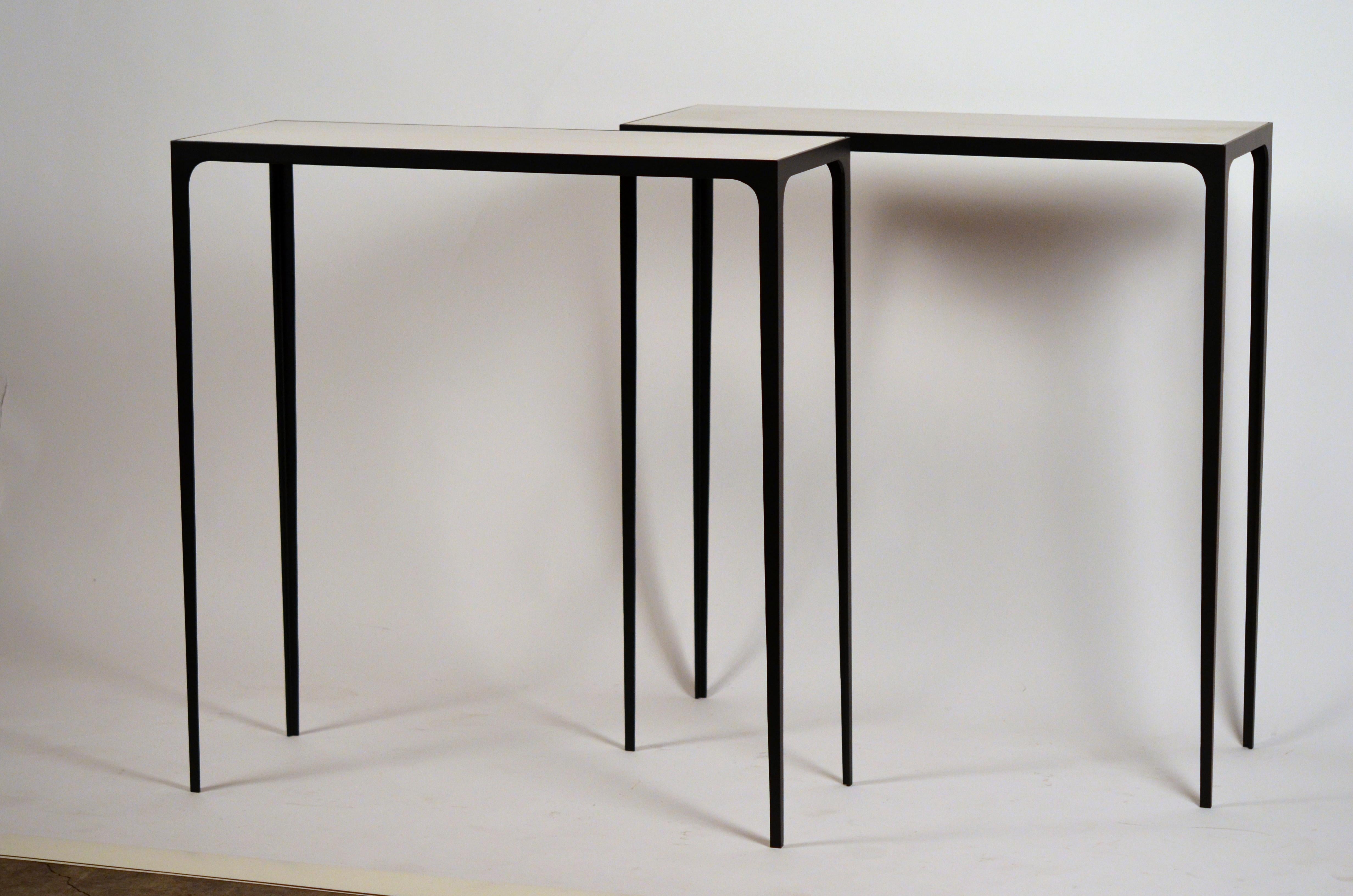 Powder-Coated Pair of Chic 'Esquisse' Wrought Iron and Parchment Consoles by Design Frères For Sale