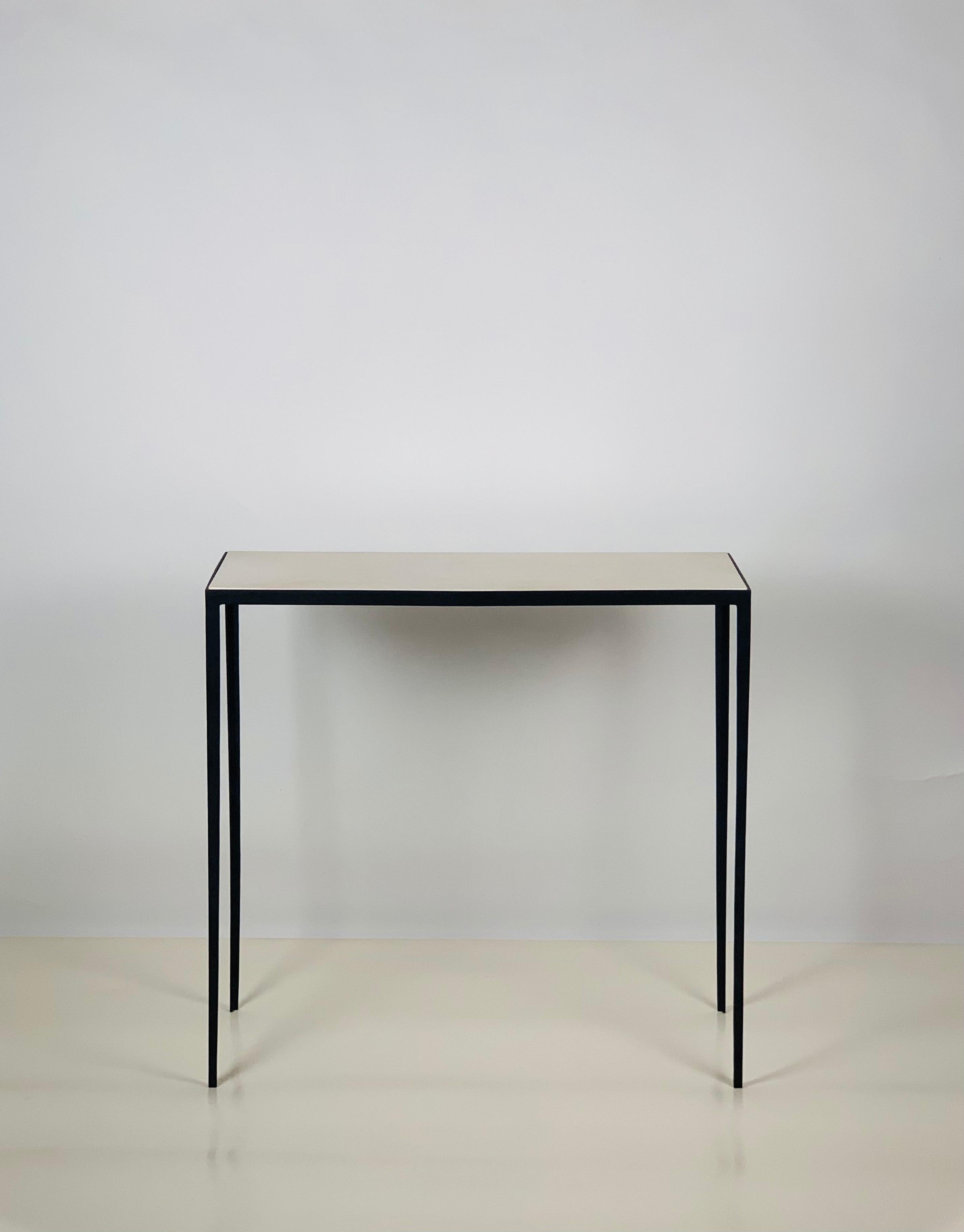 Art Deco Pair of Chic 'Etude' Wrought Iron and Parchment Consoles by Design Frères For Sale