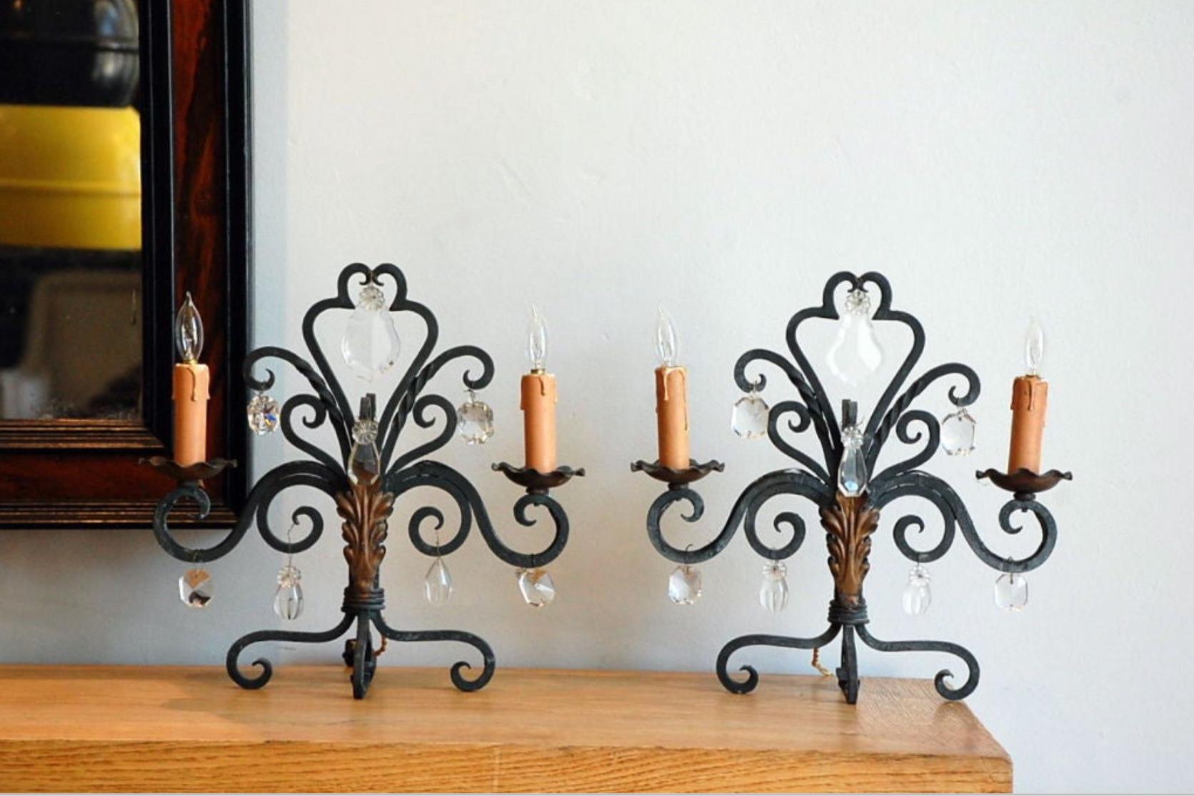Hand-Painted Pair of Chic French 1940s Candelabra Lights For Sale