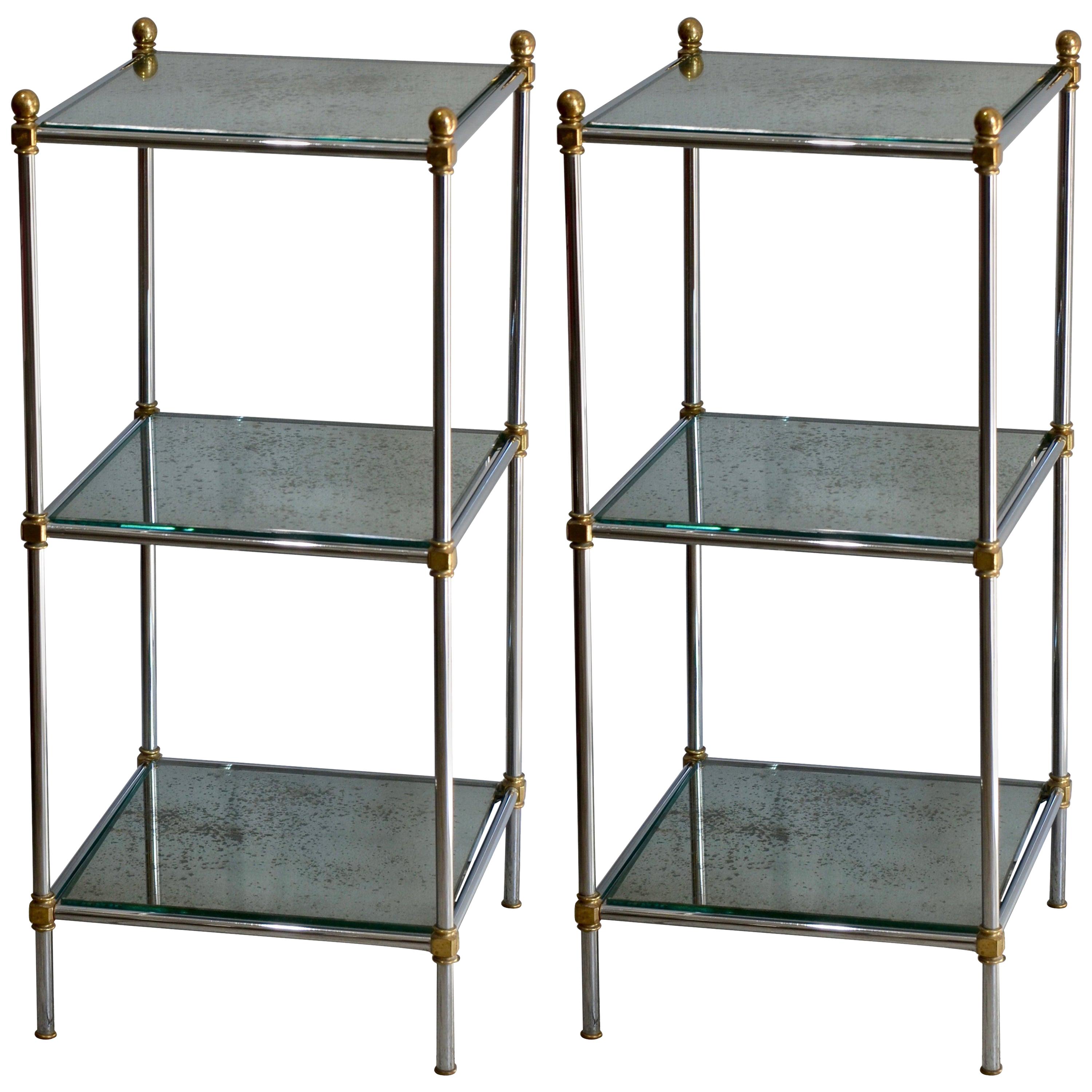 Pair of Chic French 1960s Three-Tiered Mirrored Side Tables