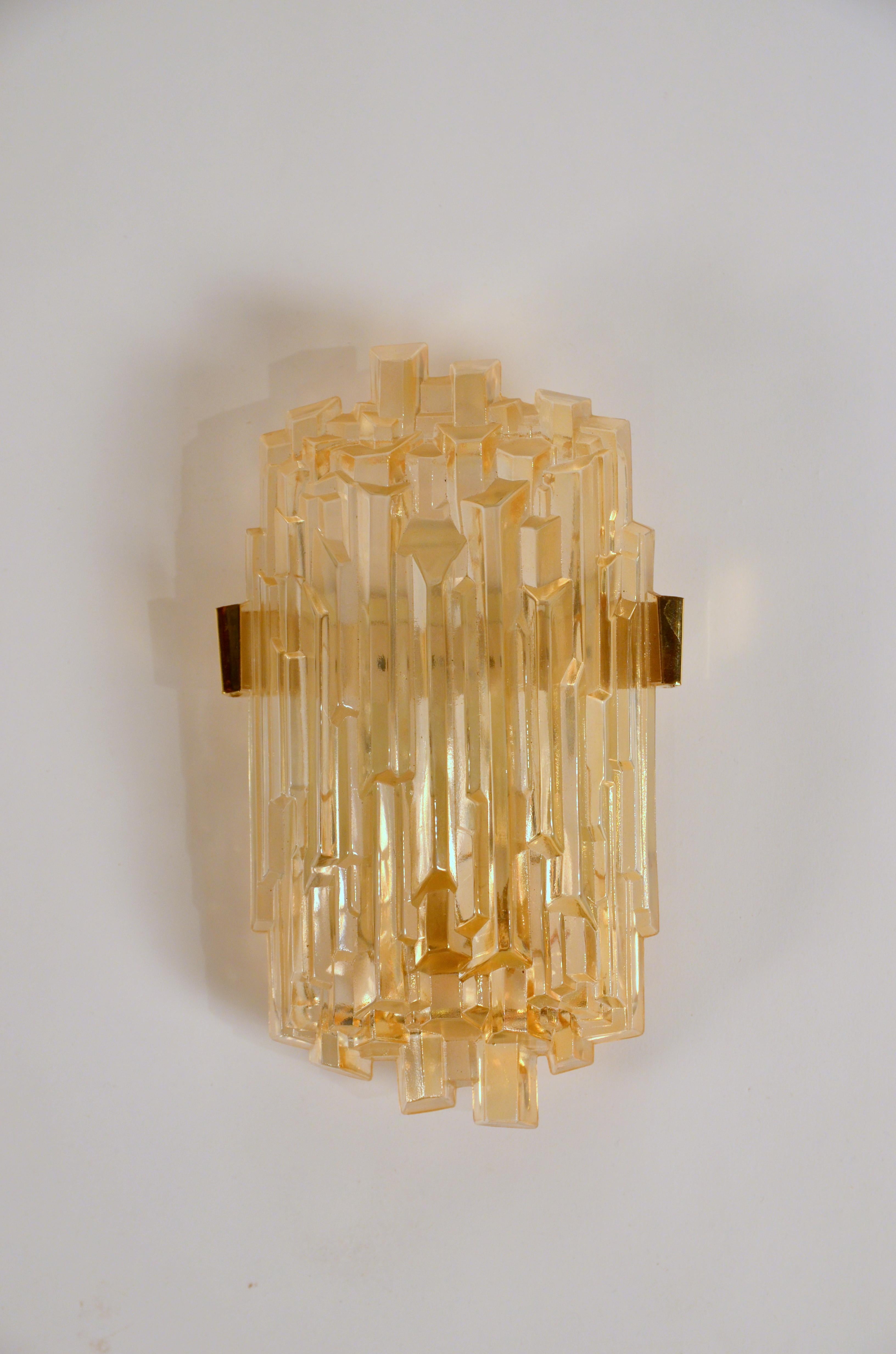 Molded Pair of Chic French 1970s Brutalist Glass Sconces