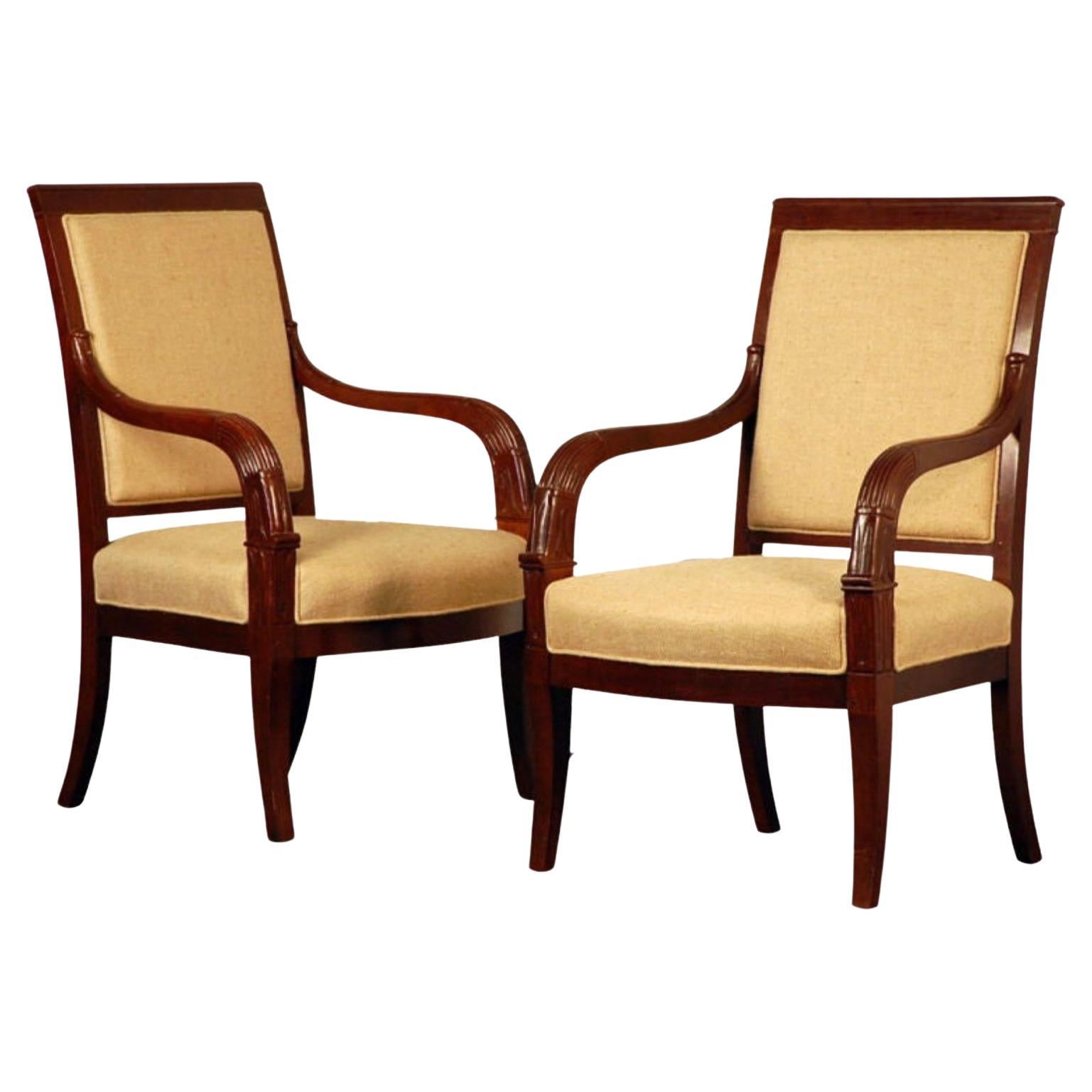 Pair of Chic French Empire Style Mahogany Armchairs For Sale
