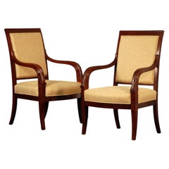 Vintage Pair of Chic French Empire Style Mahogany Armchairs