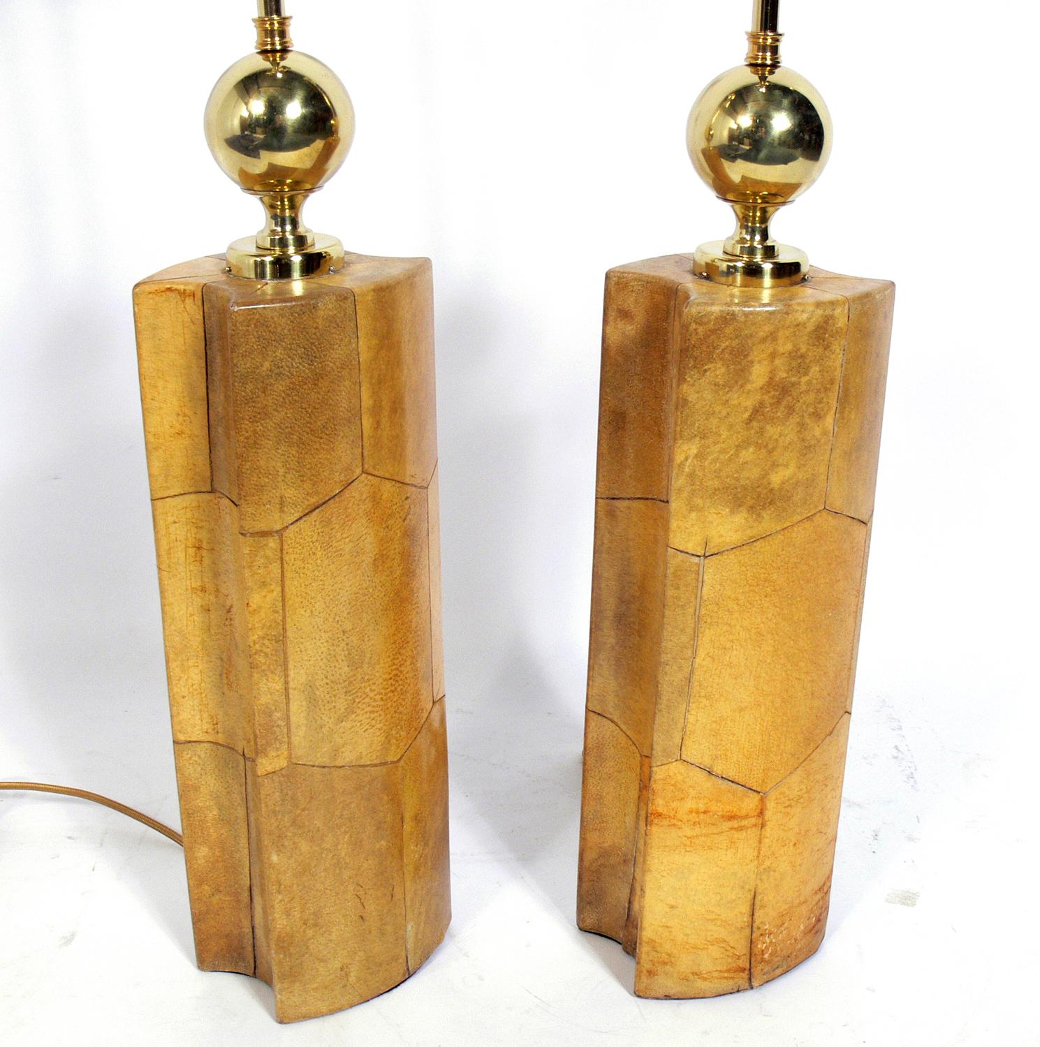 Pair of chic goatskin lamps by Aldo Tura, Italy, circa 1950s. Rewired and ready to use. The price noted below includes the lamp shades.