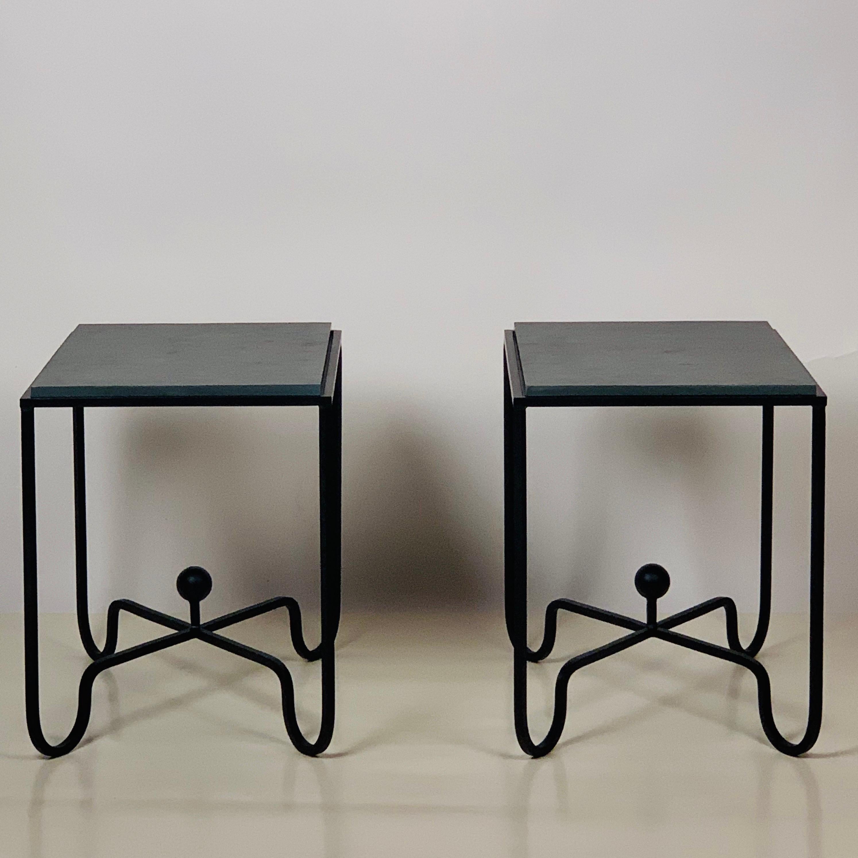 Polished Pair of Chic Grey Slate 'Entretoise' Side Tables by Design Frères For Sale