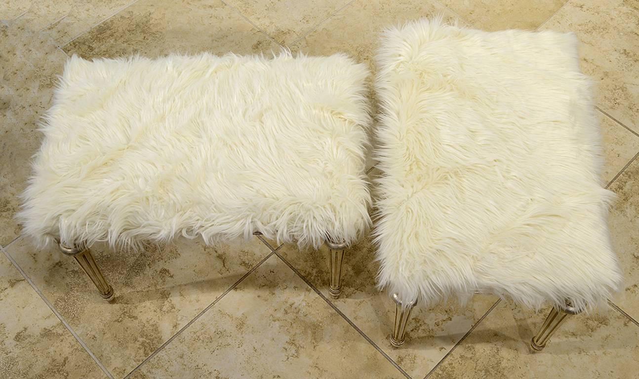American Pair of Chic Hollywood Regency Louis XVI Style Faux Fur Covered Benches