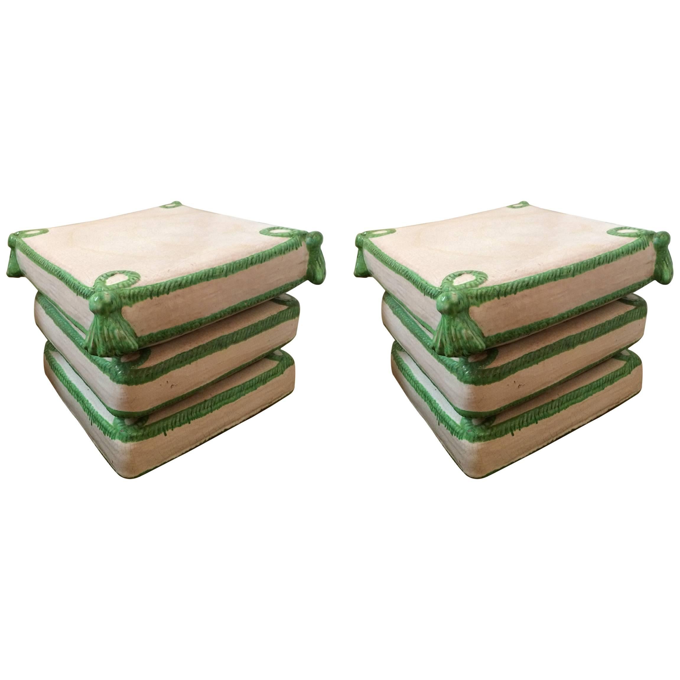 Pair of Chic Italian Glazed Terracotta Garden Seats Drinks Tables or Ottomans