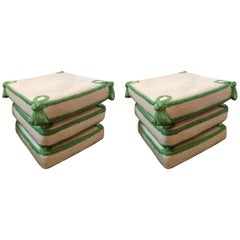 Pair of Chic Italian Glazed Terracotta Garden Seats Drinks Tables or Ottomans