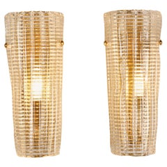 Pair of chic Italian Murano Textured ribbed Glass Brass Wall Lights IP44 rated