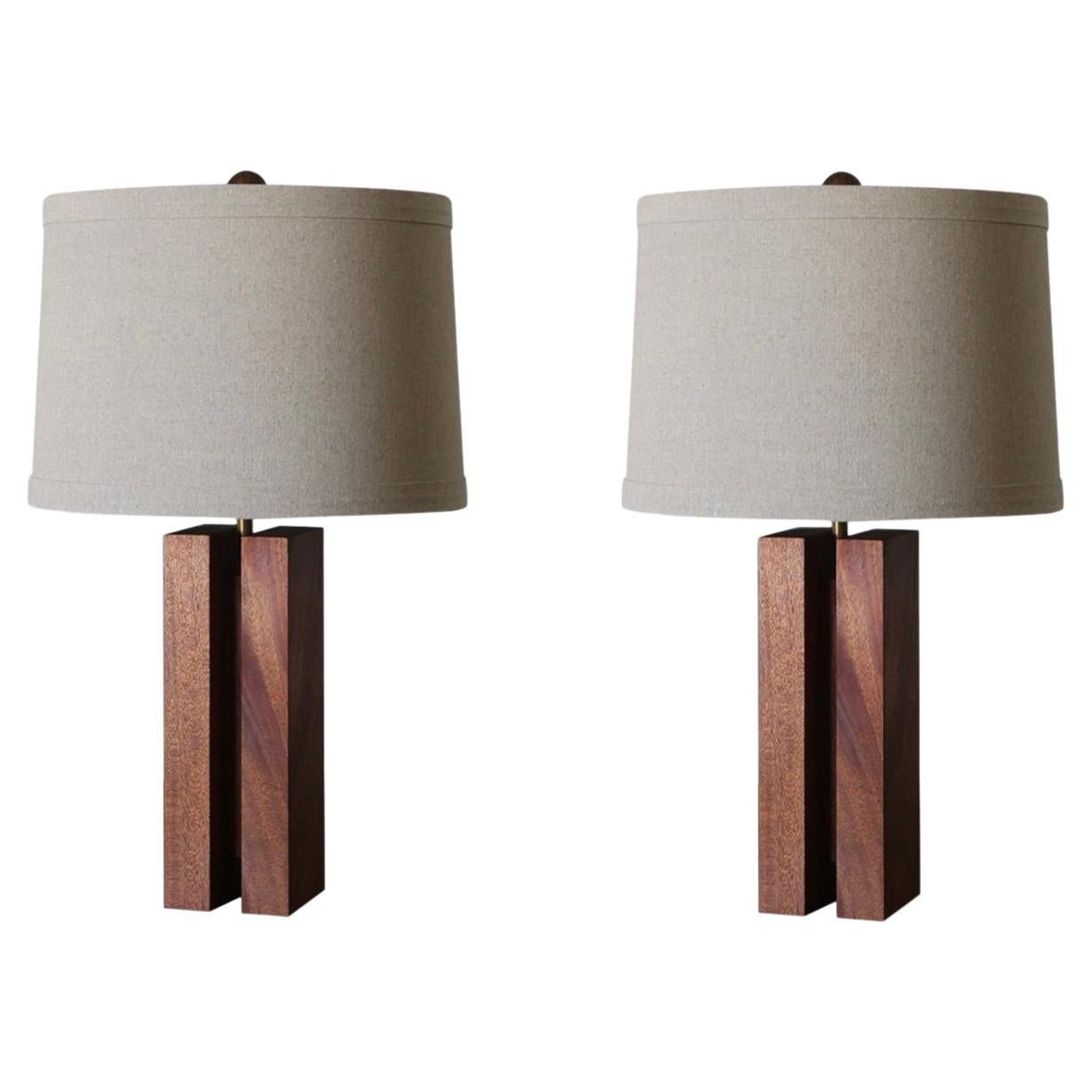 Pair of Chic Large ‘Cubismo’ Lamp with linen shade by Understated Design For Sale