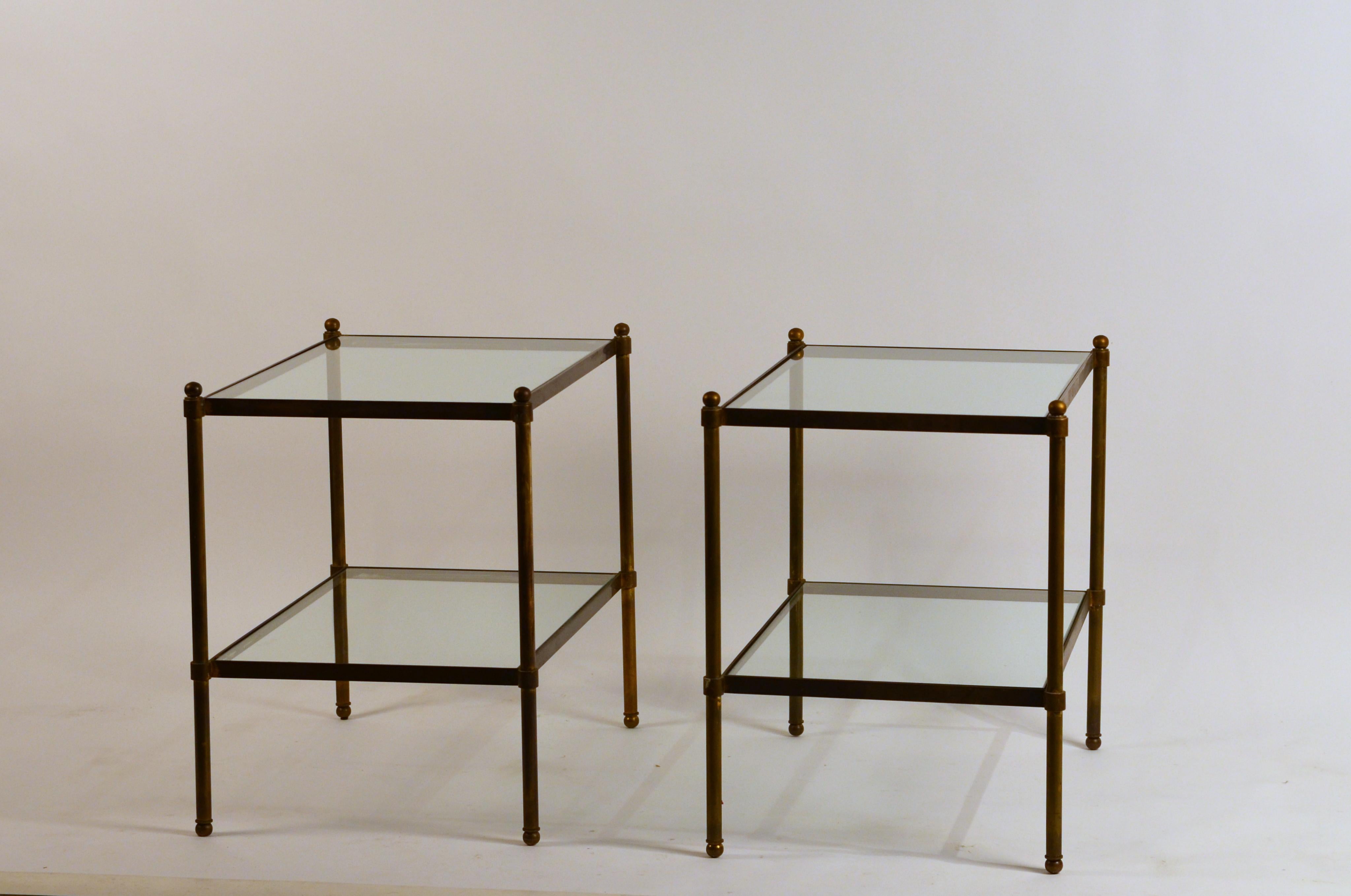 French Pair of Chic Maison Baguès style Patinated Brass and Glass Side Tables