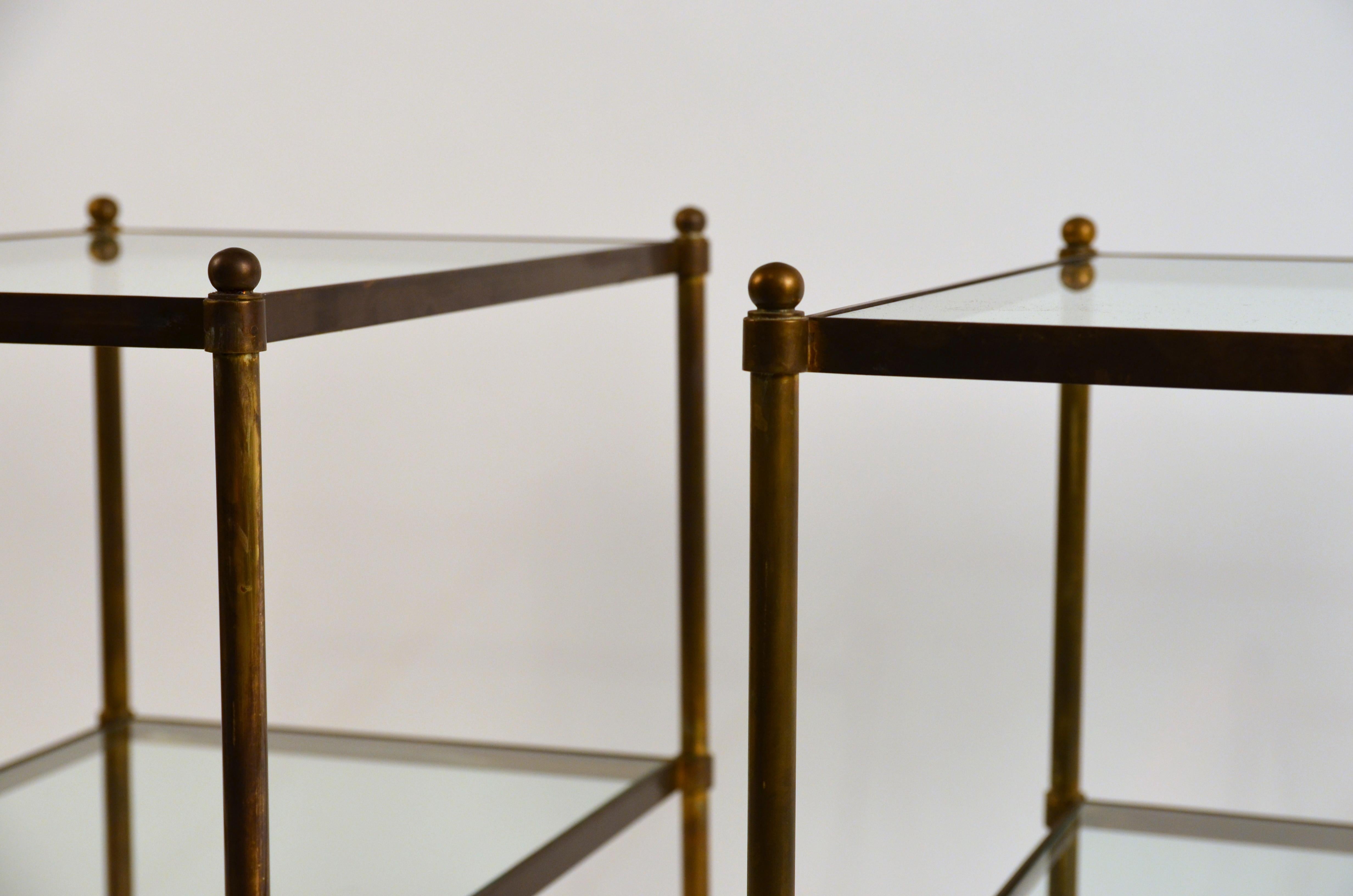 Mid-20th Century Pair of Chic Maison Baguès style Patinated Brass and Glass Side Tables