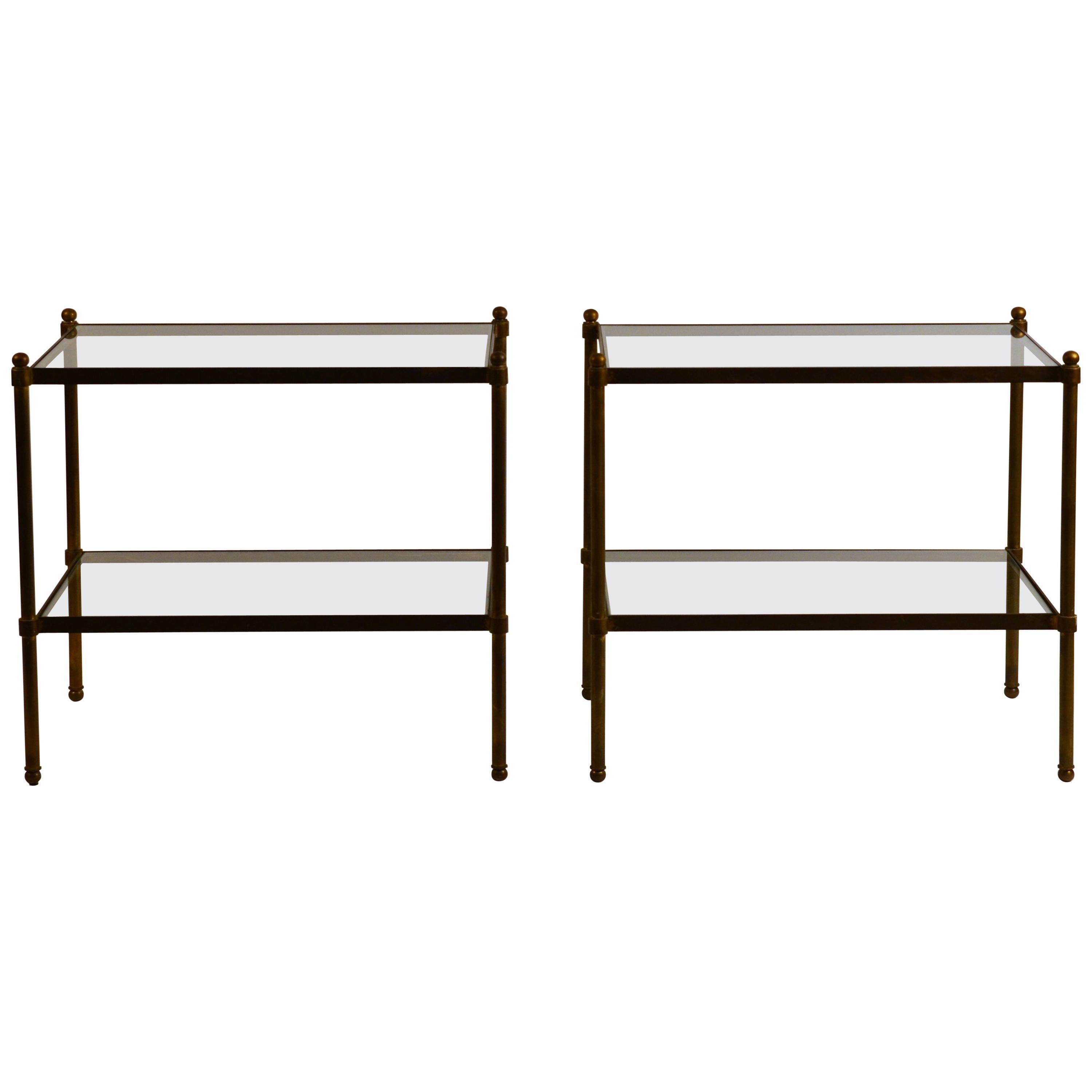 Pair of Chic Maison Baguès style Patinated Brass and Glass Side Tables