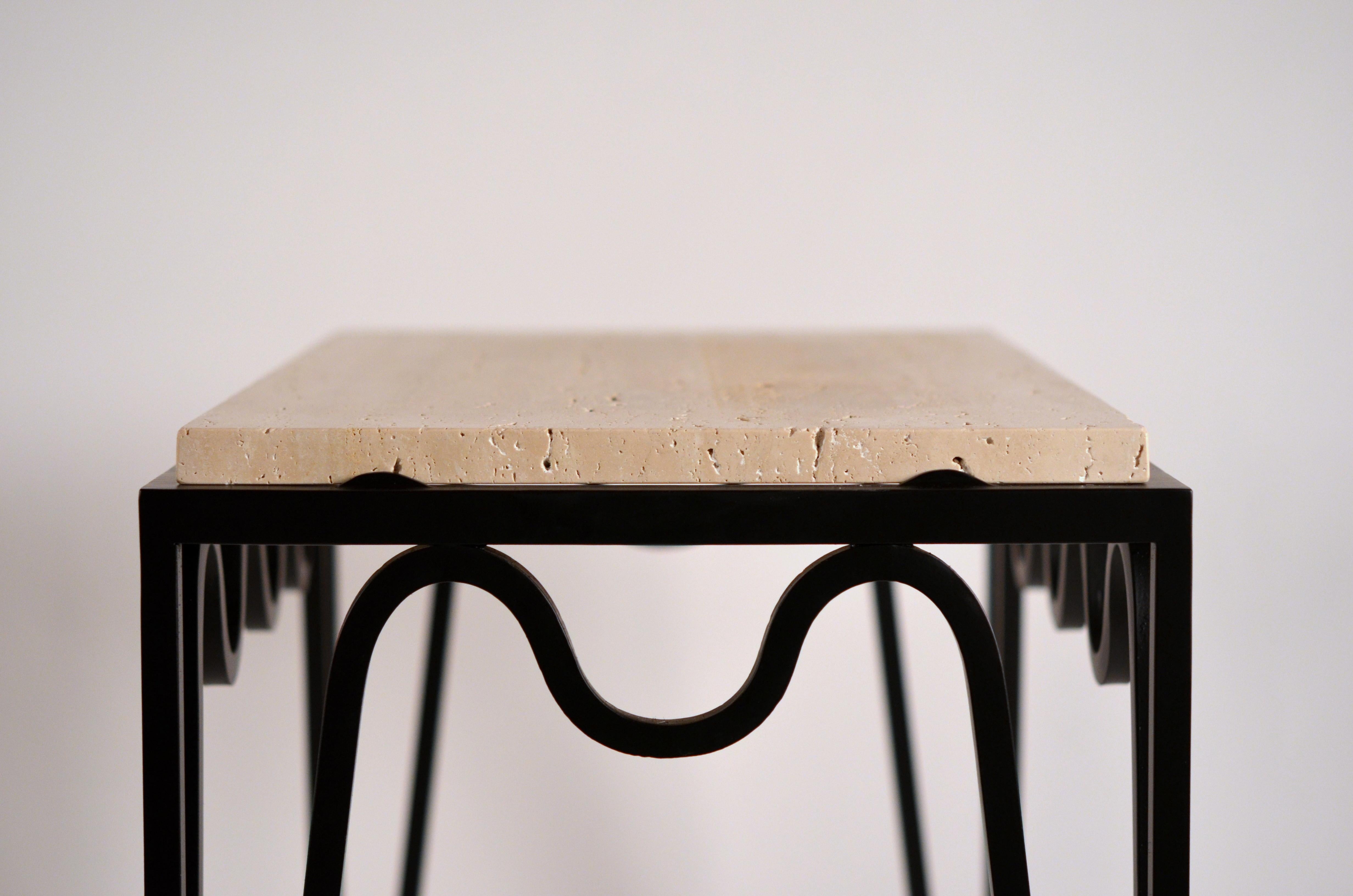 Pair of Chic 'Méandre' Black Iron and Travertine Side Tables by Design Frères For Sale 3