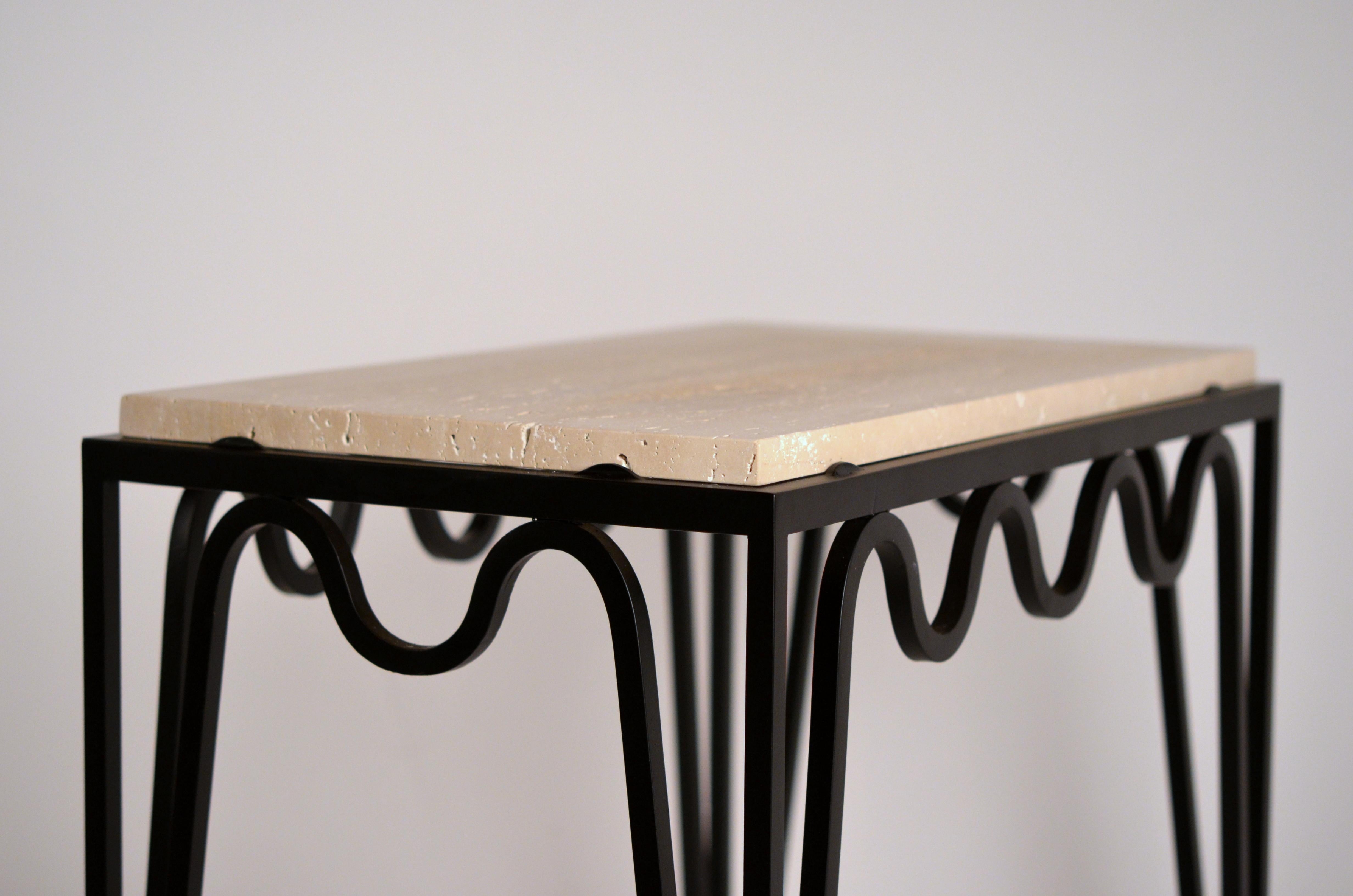 Pair of Chic 'Méandre' Black Iron and Travertine Side Tables by Design Frères For Sale 4
