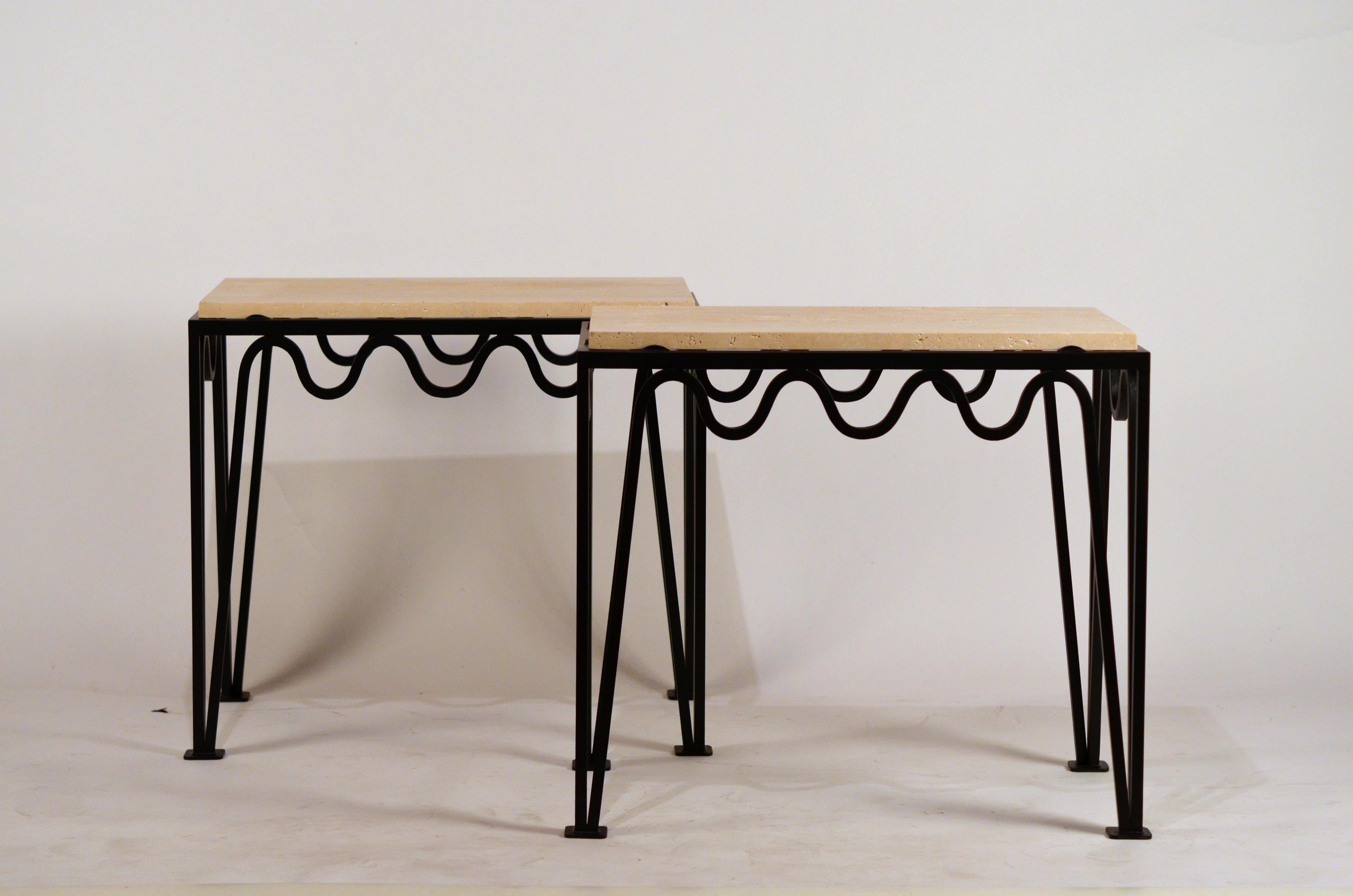 Pair of Chic 'Méandre' Black Iron and Travertine Side Tables by Design Frères For Sale 5