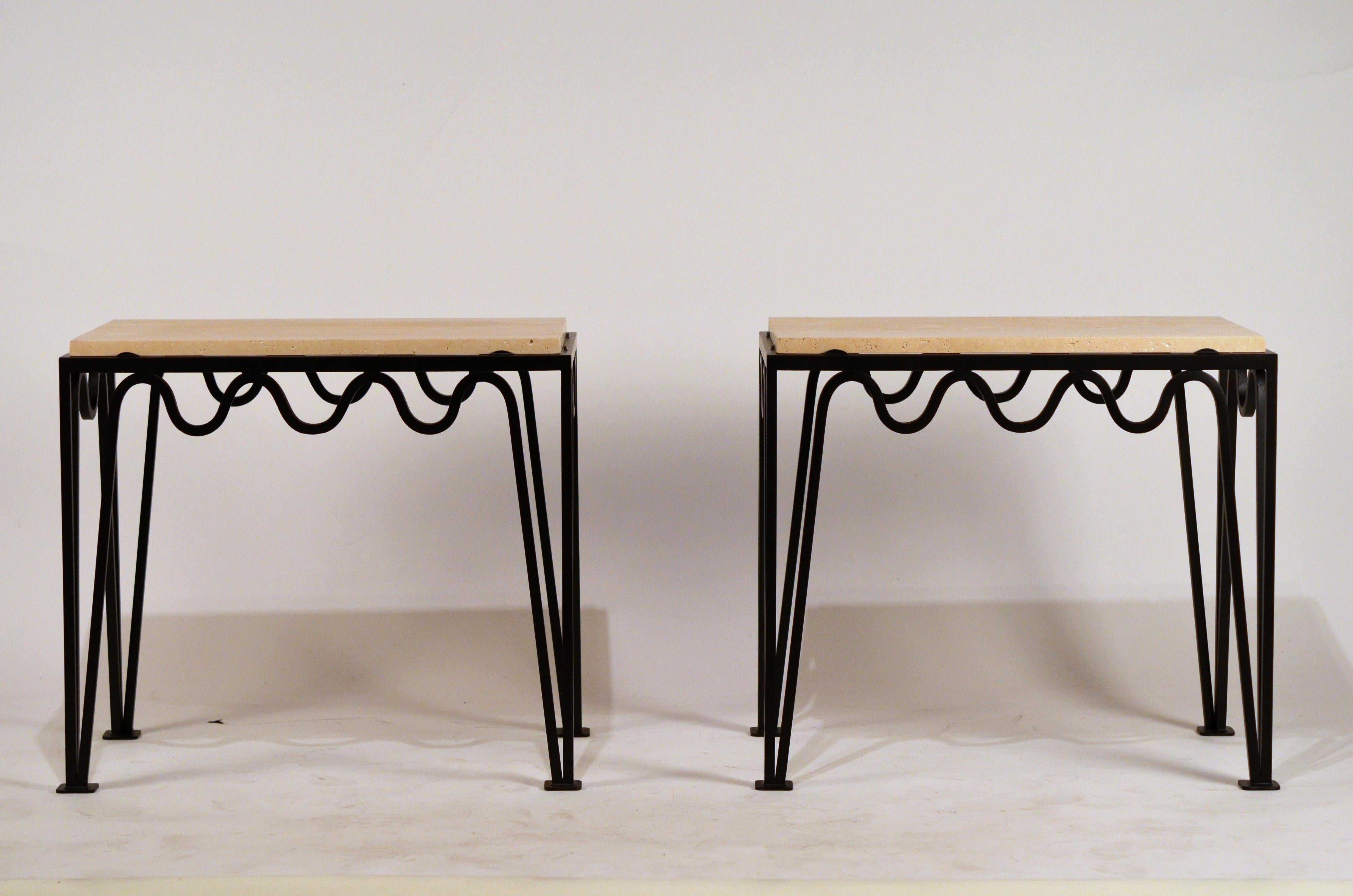 Modern Pair of Chic 'Méandre' Black Iron and Travertine Side Tables by Design Frères For Sale