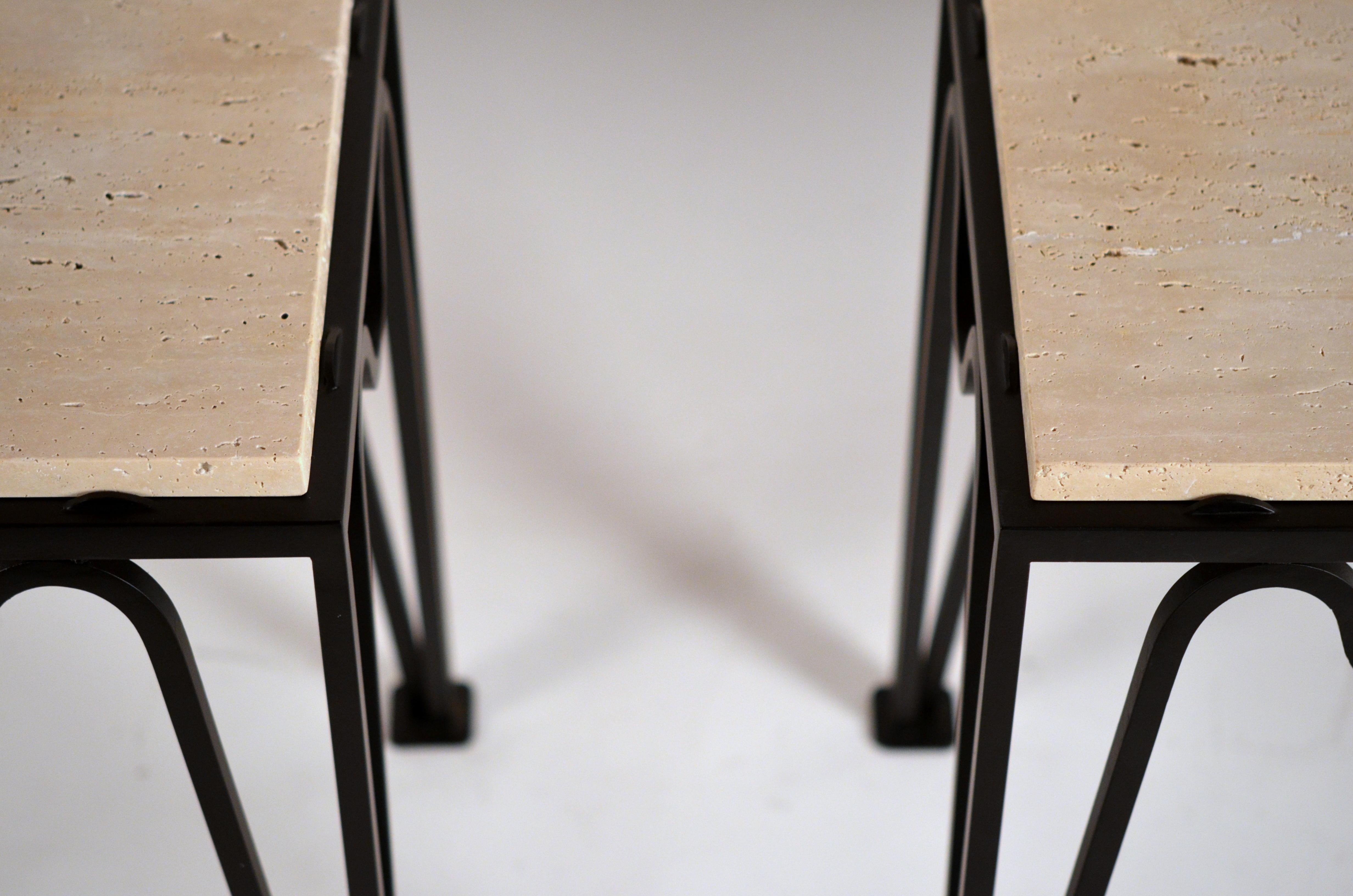 Pair of Chic 'Méandre' Black Iron and Travertine Side Tables by Design Frères In New Condition For Sale In Los Angeles, CA