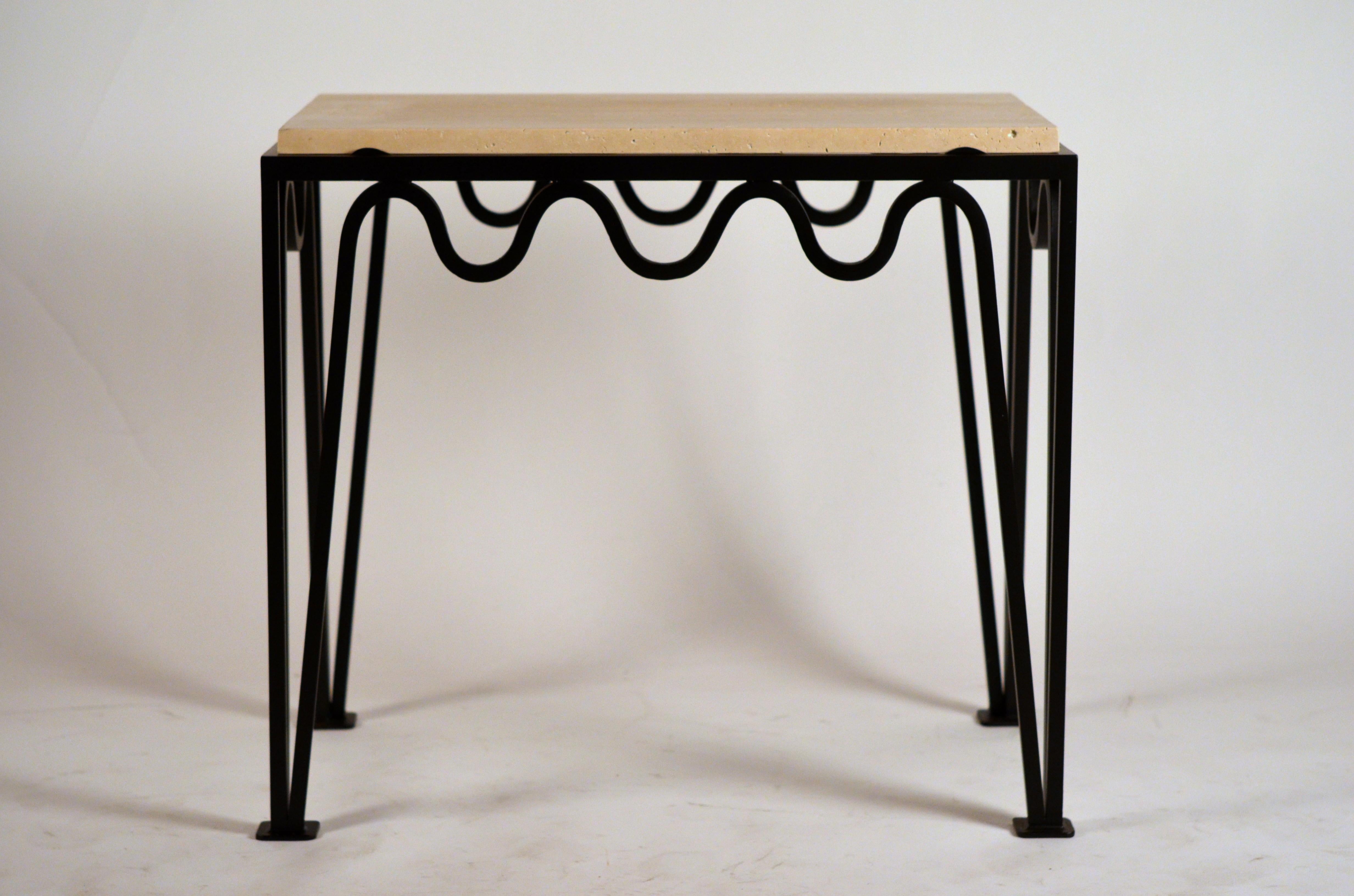 Steel Pair of Chic 'Méandre' Black Iron and Travertine Side Tables by Design Frères For Sale