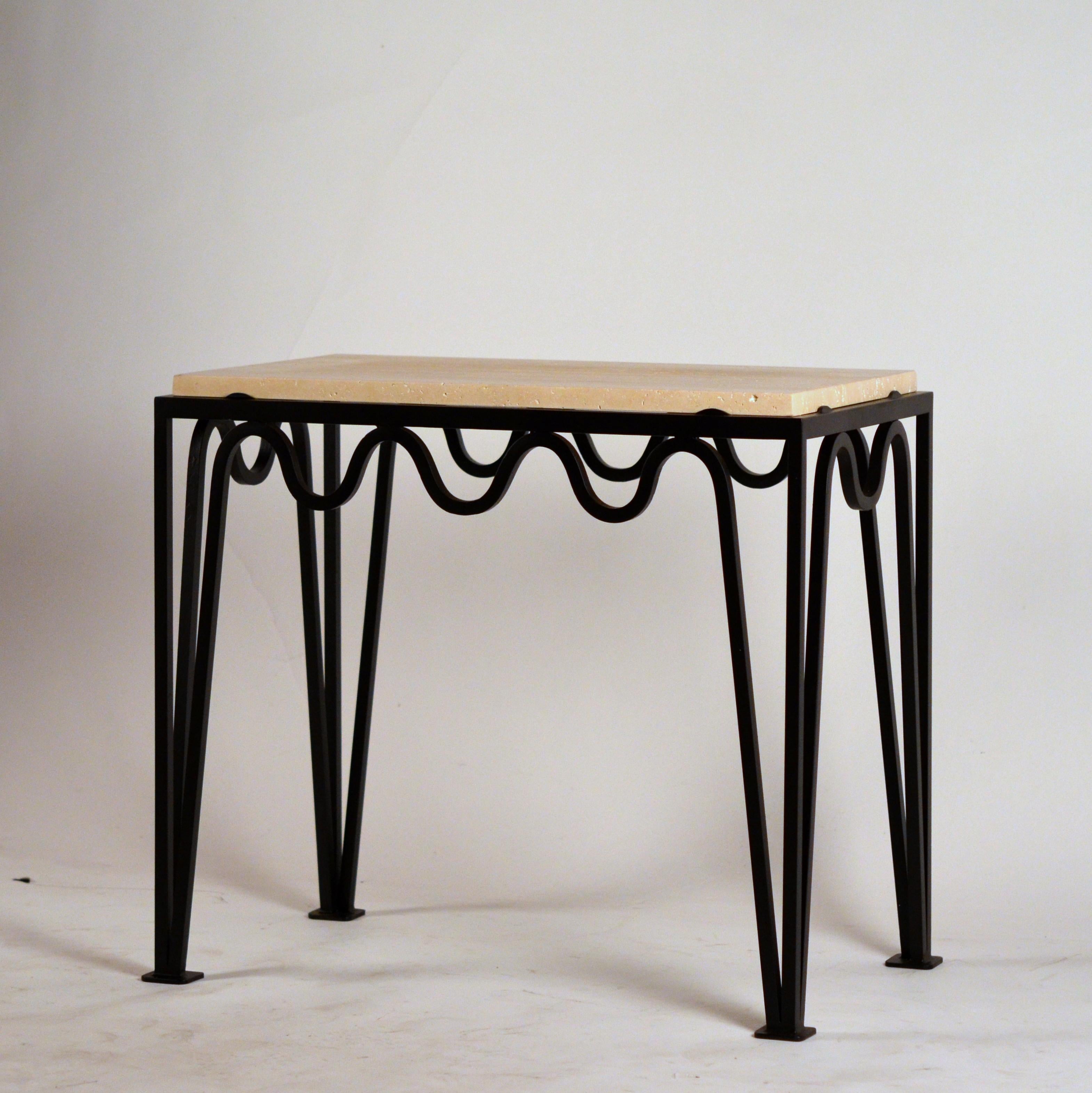 Pair of Chic 'Méandre' Black Iron and Travertine Side Tables by Design Frères For Sale 1