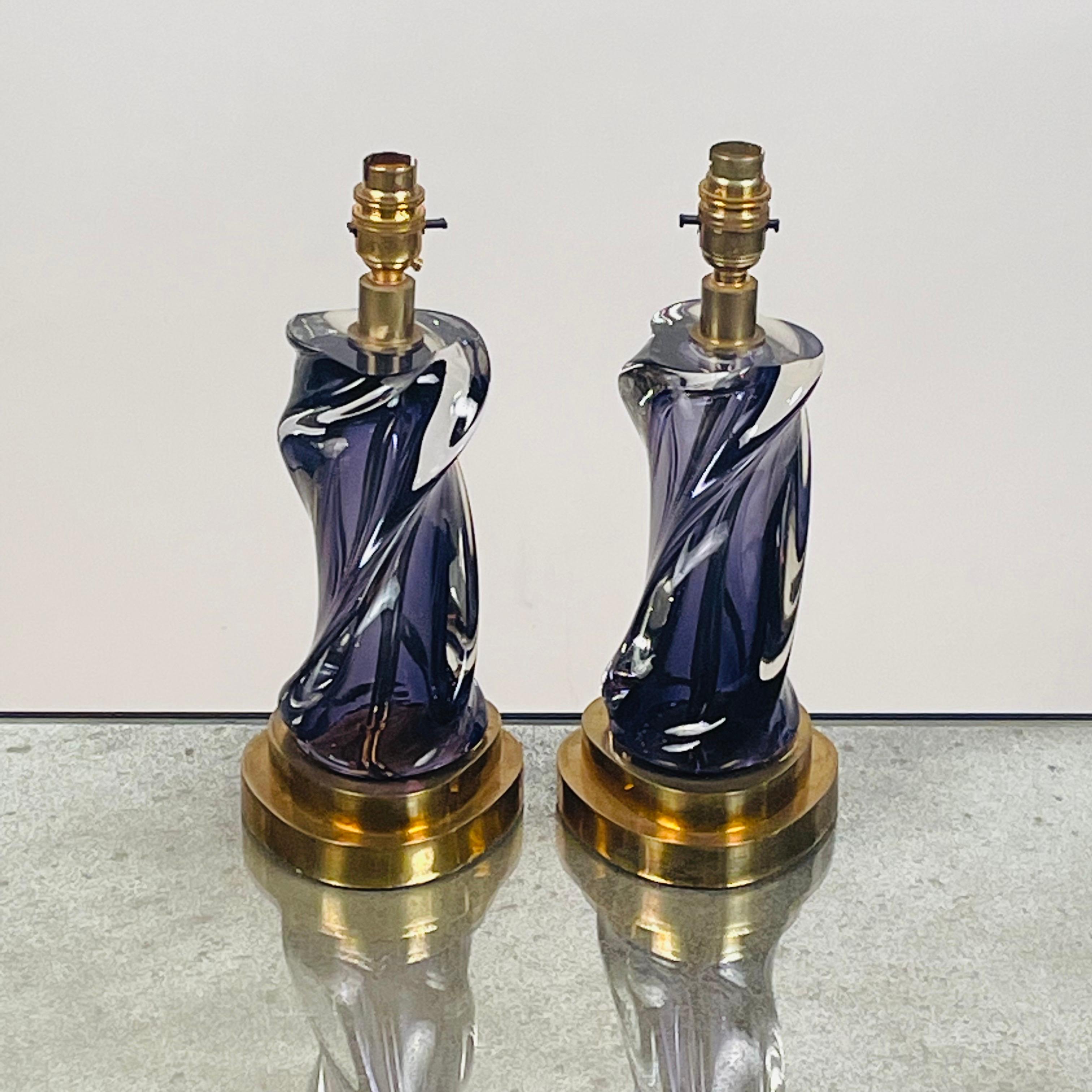 Pair of chic purple Murano glass and brass lamps.

Dimensions listed are for the base only (no shades included).