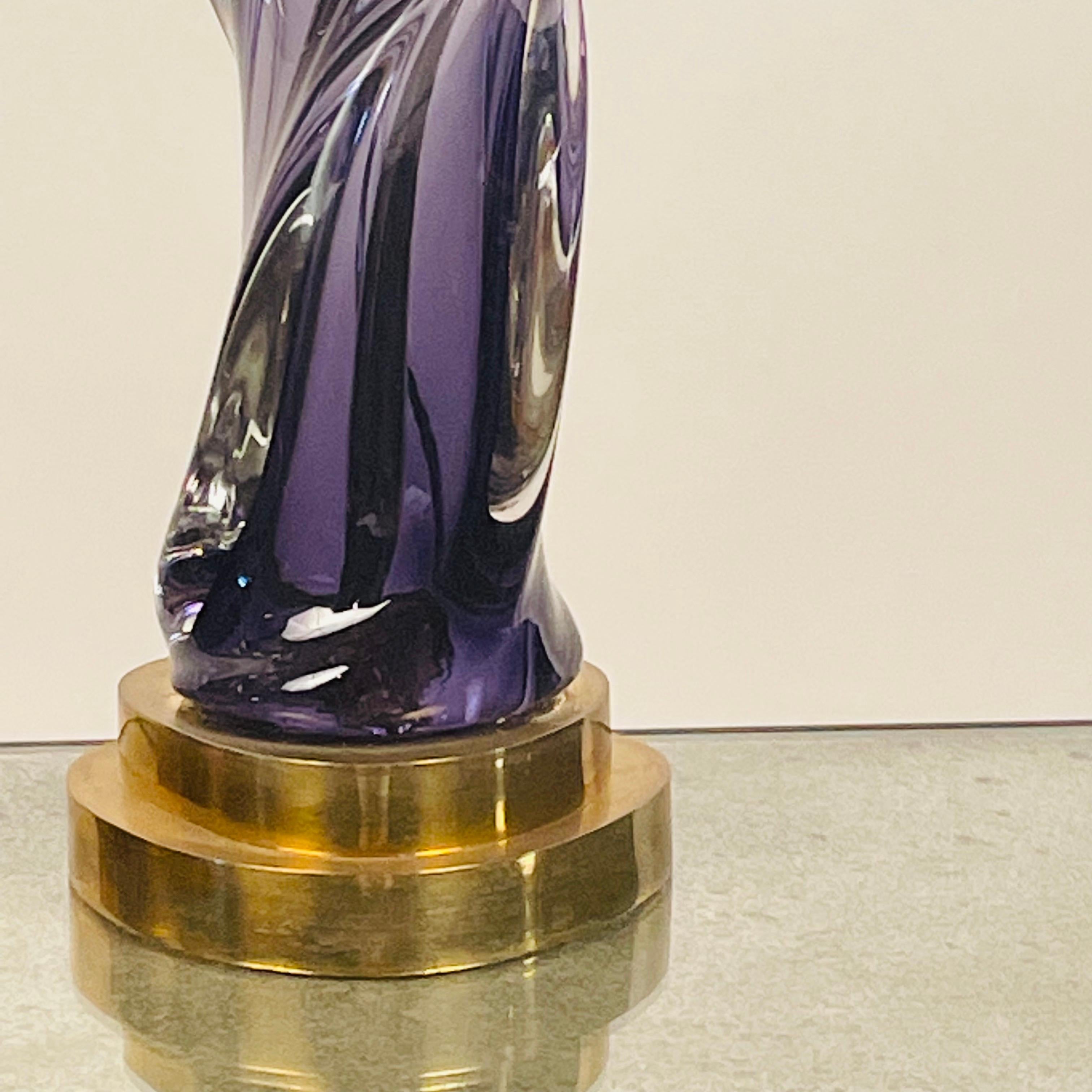 Modern Pair of Chic Purple Murano Glass and Brass Lamps