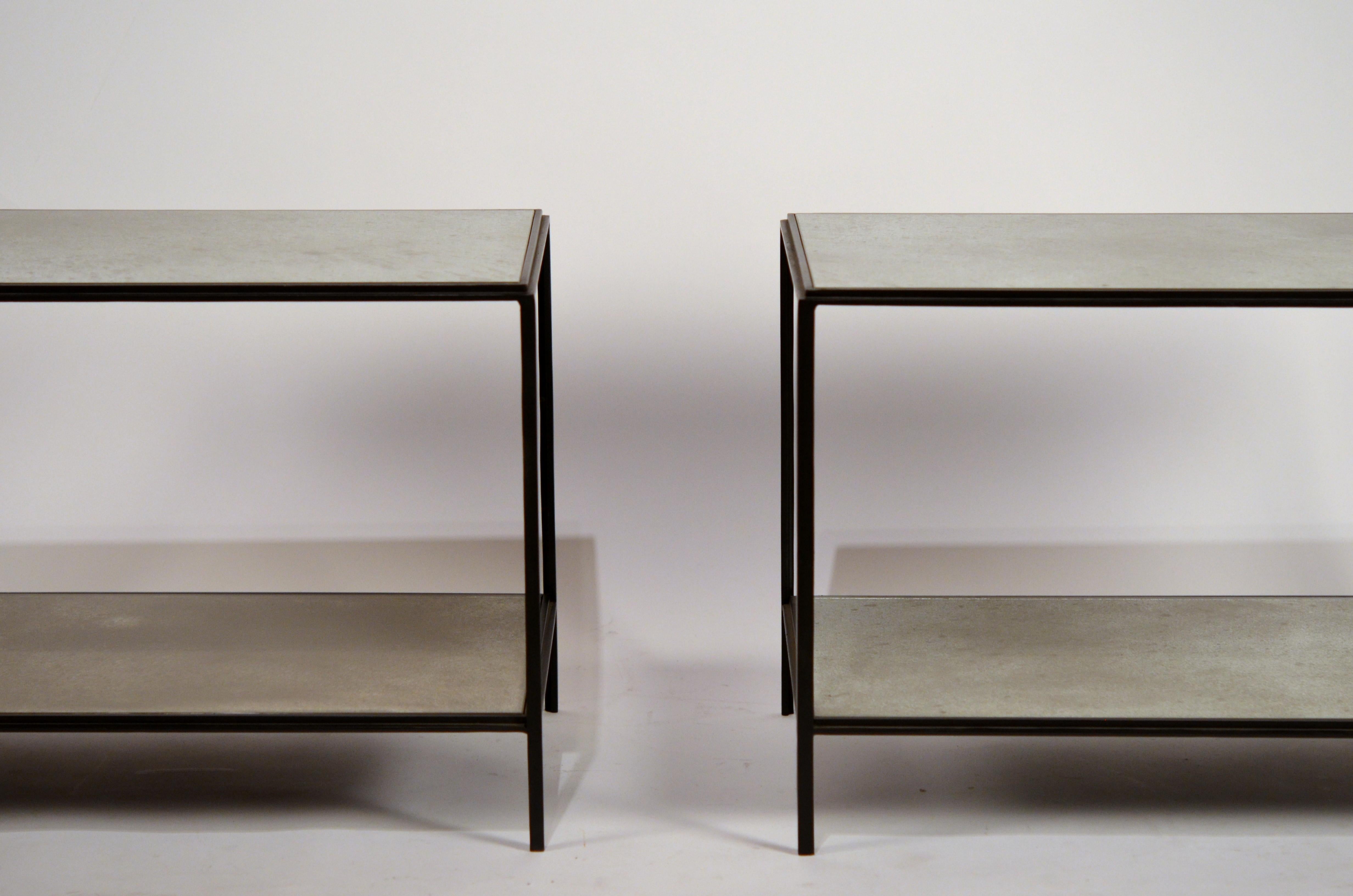 Wrought Iron Pair of Chic 'Rectiligne' Mirrored End Tables by Design Frères For Sale