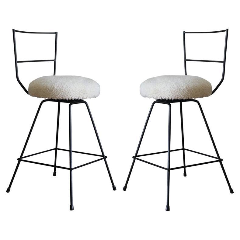 Pair of Chic Shearling 'Tabouret' Swiveling Counter Stools by Understated Design For Sale