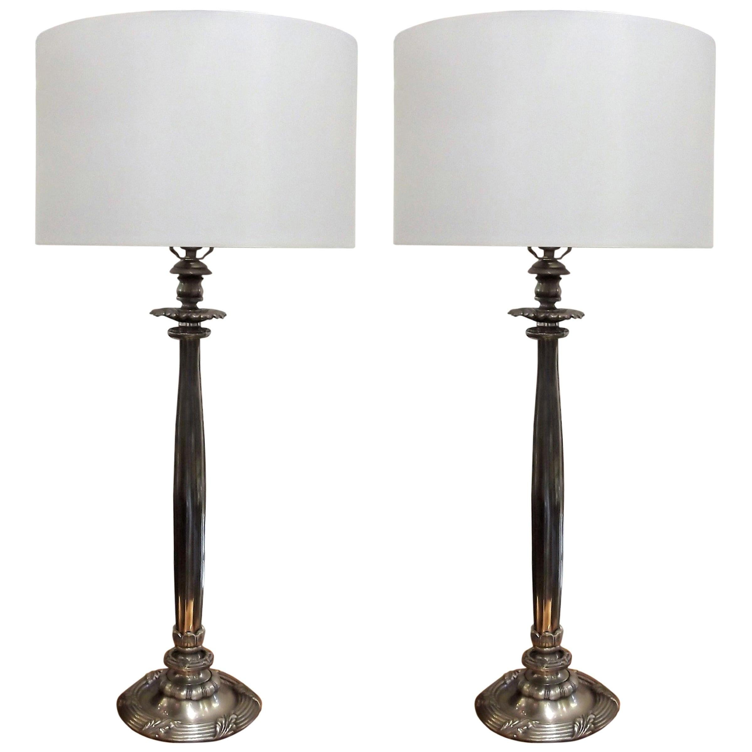 Pair of Chic Silvered Cast Bronze Fluted Column Table Lamps