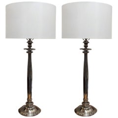 Vintage Pair of Chic Silvered Cast Bronze Fluted Column Table Lamps