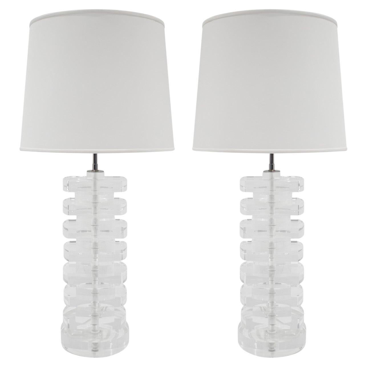 Pair of Chic Table Lamps in Stacked Solid Lucite 1980s