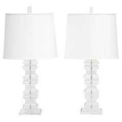 Pair of Chic Table Lamps with Alternating Frosted and Clear Lucite 1970s