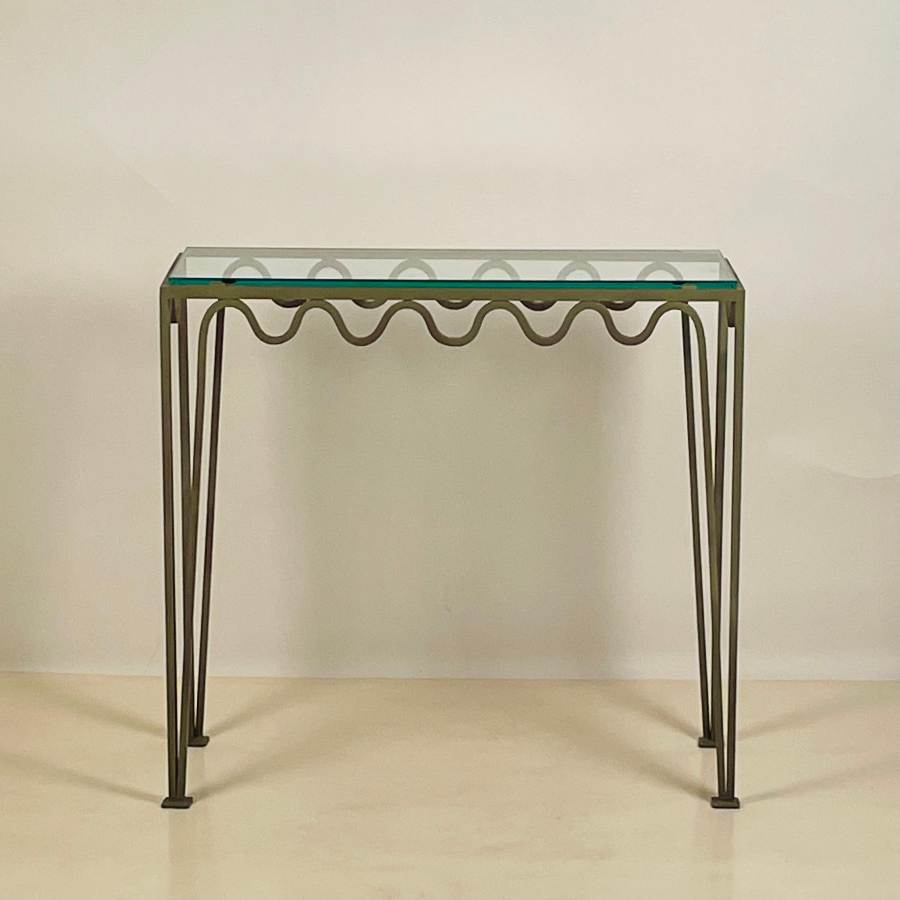 Modern Pair of Chic Verdigris 'Meandre' and Glass Consoles by Design Frères For Sale