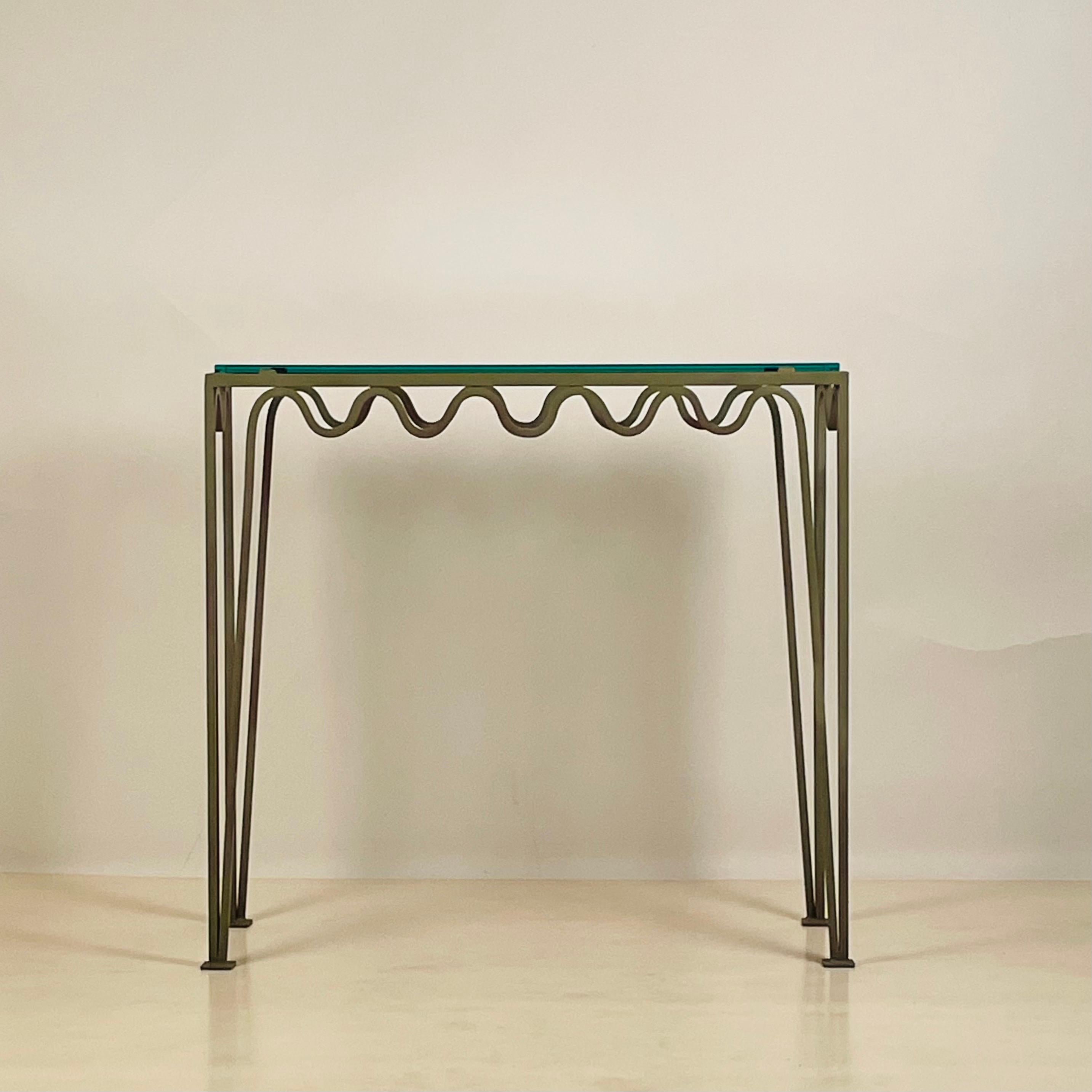 French Pair of Chic Verdigris 'Meandre' and Glass Consoles by Design Frères For Sale